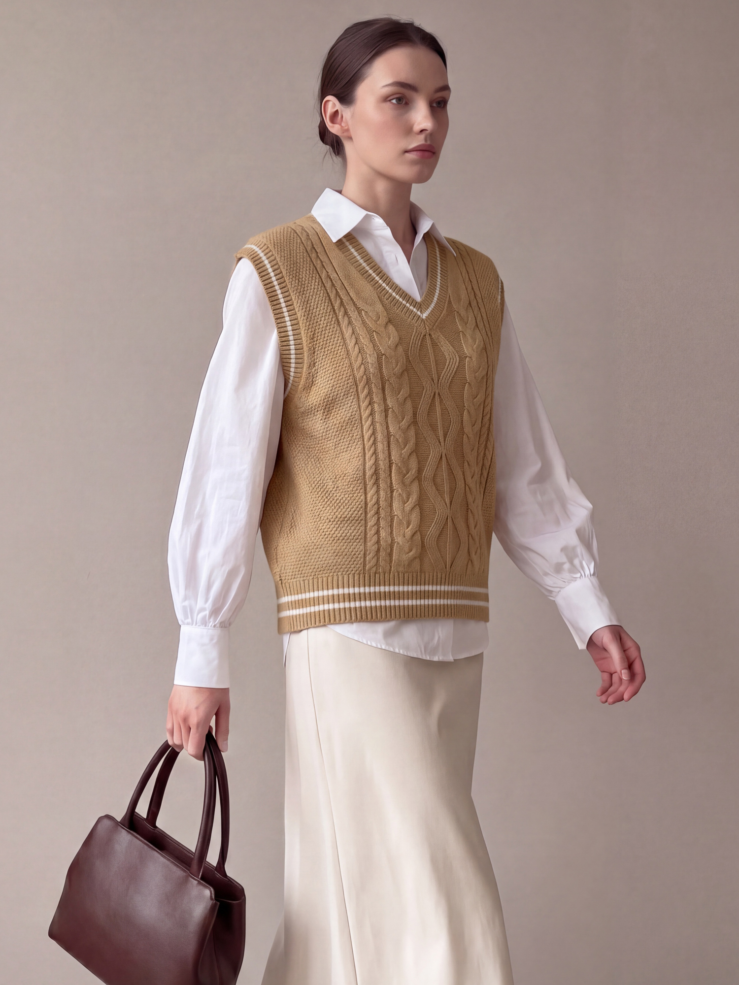 Colorblock Sleeveless V Neck Cable Knit Sweater Vest Khaki/L