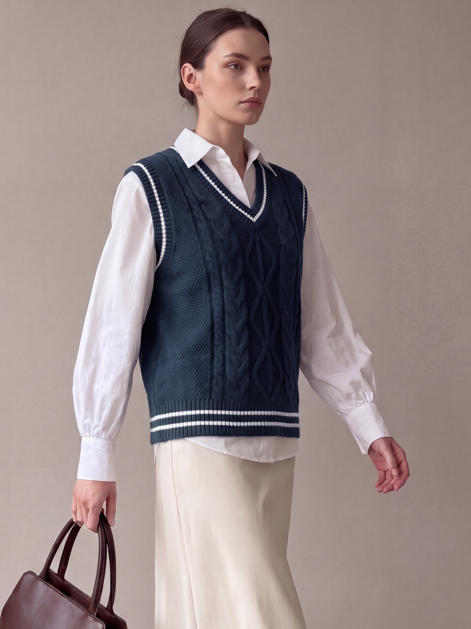 Colorblock Sleeveless V Neck Cable Knit Sweater Vest Navy Blue/M