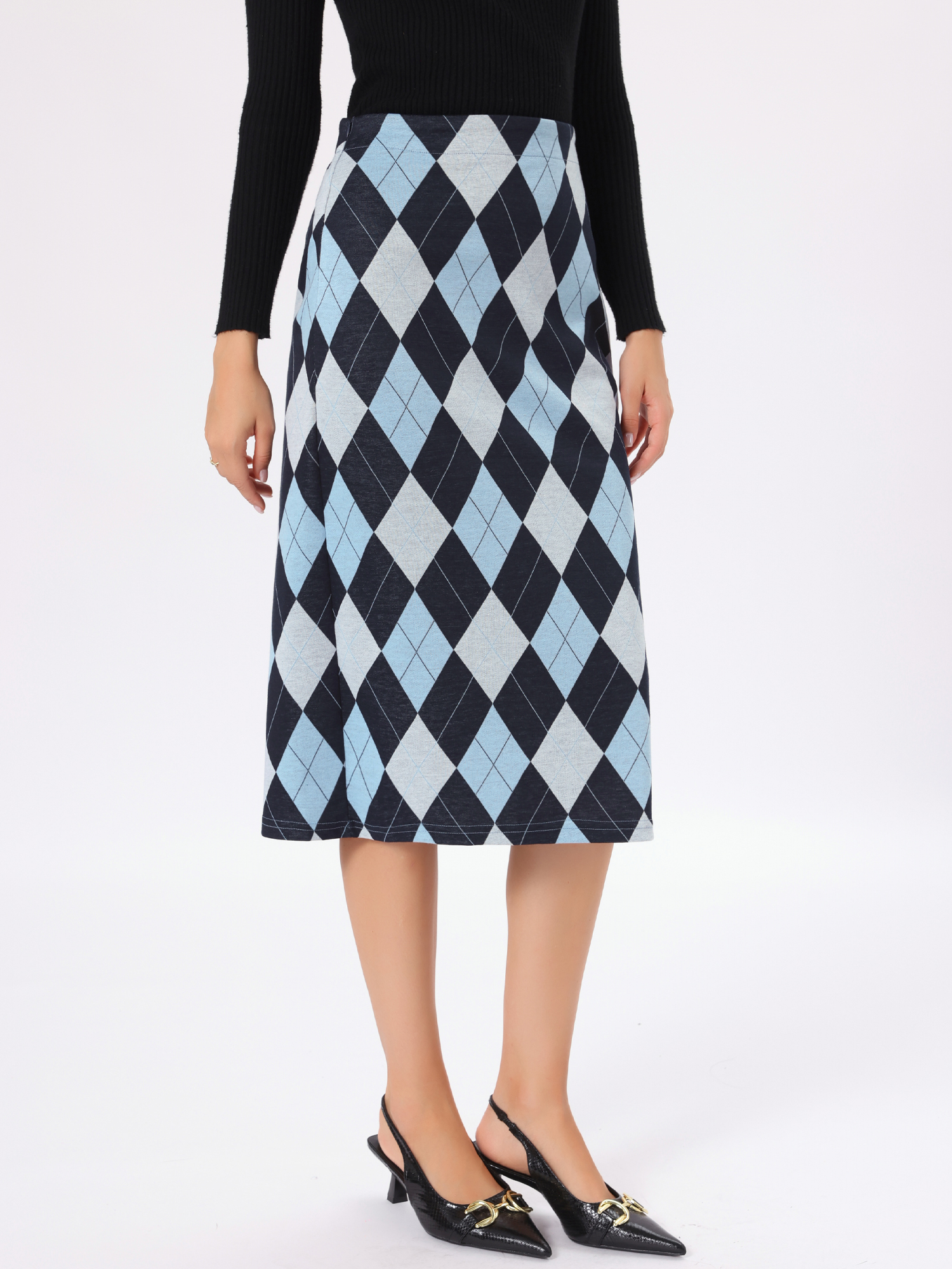 Diamond Grid Elastic Waist Midi Pencil Skirt Blue/XL