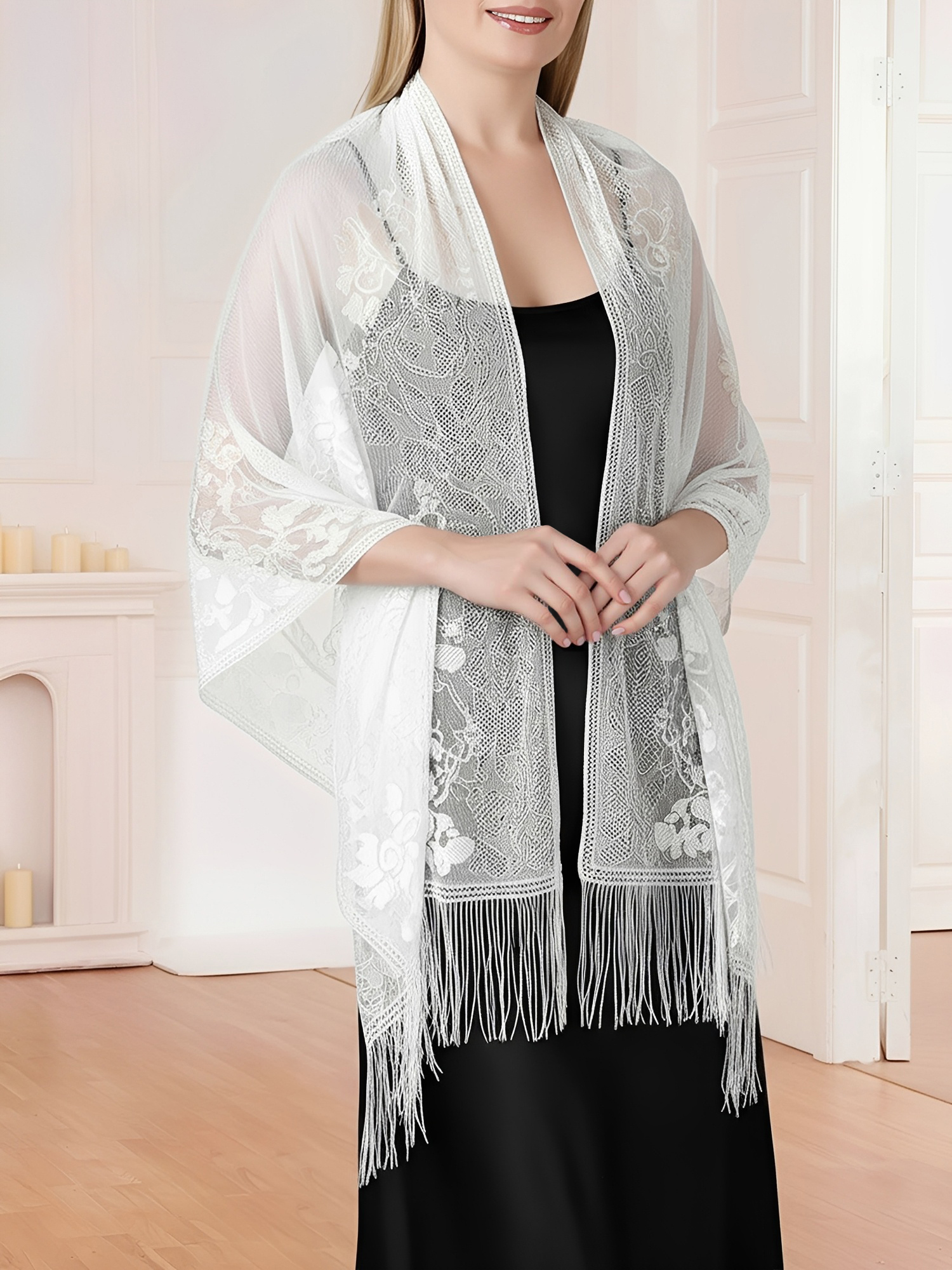 Evening Gown tasseled Lace Shawl/Scarf White/M