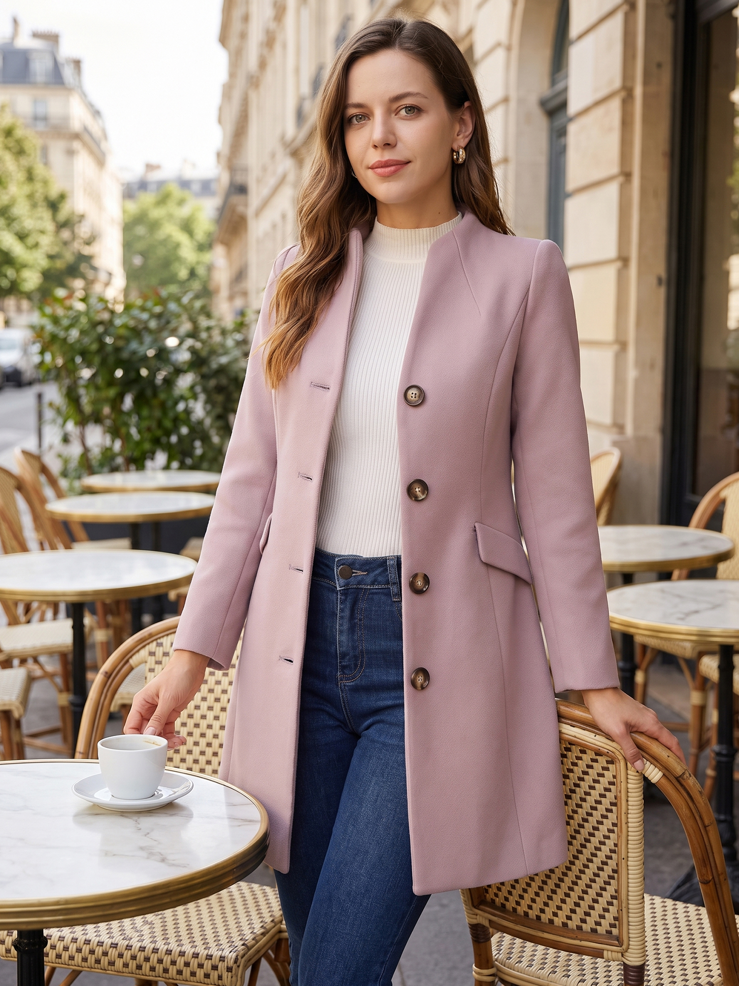 Elegant Winter Overcoat V Neck Single Breasted Long Coat Dusty Pink/S