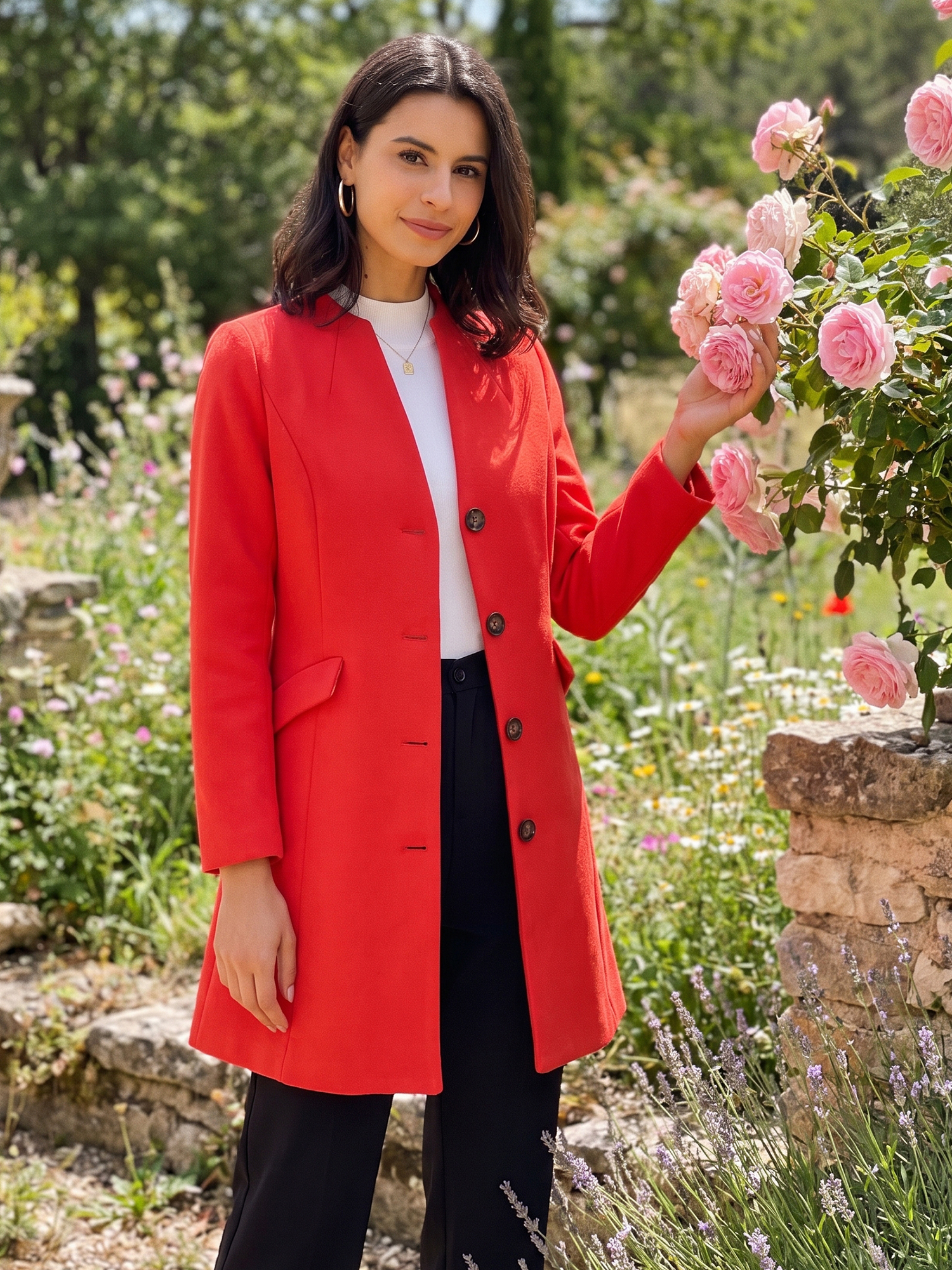 Elegant Winter Overcoat V Neck Single Breasted Long Coat Red/M