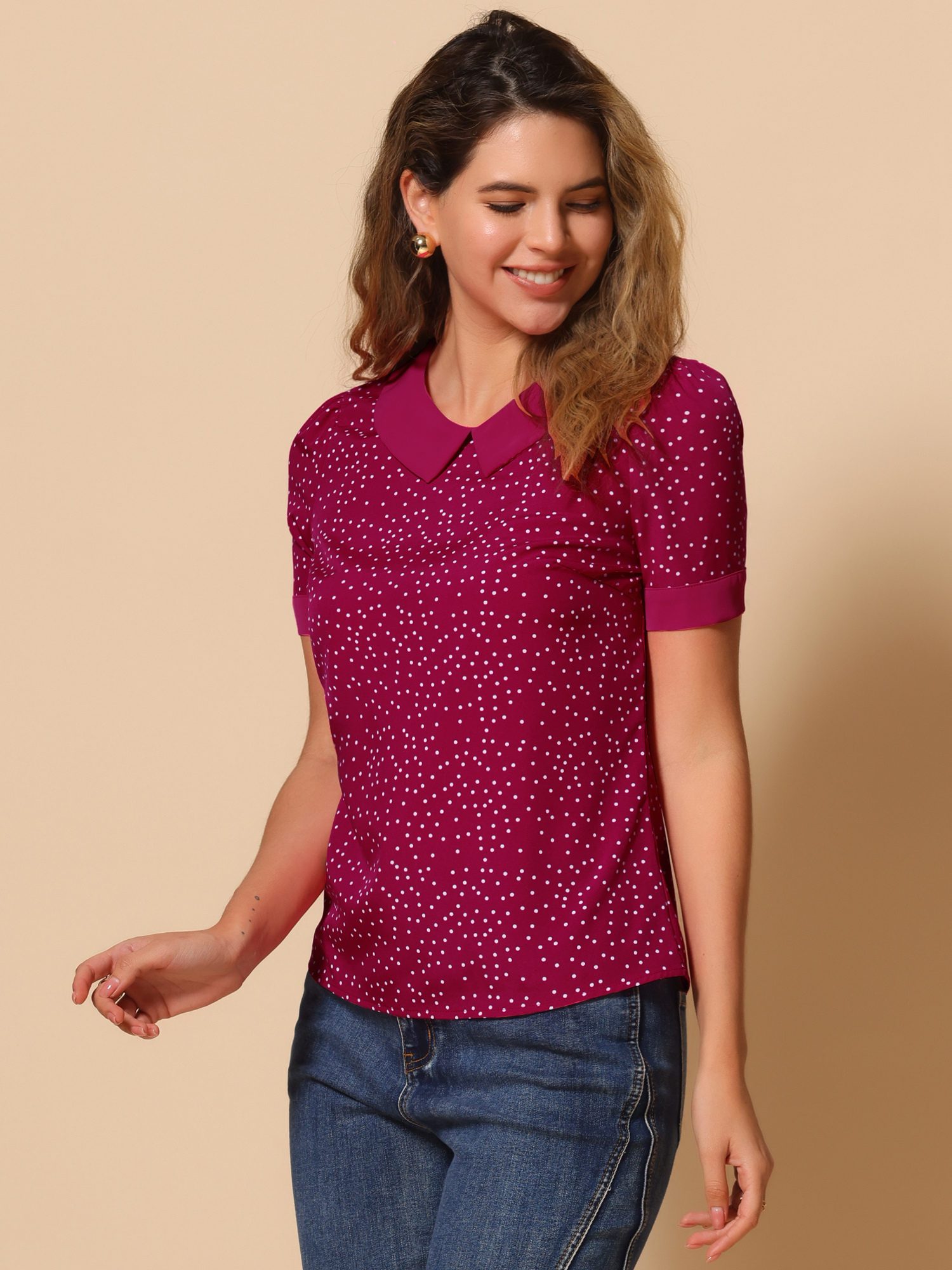 Peter Pan Collar Vintage Polka Dots Short Sleeves Blouse Red White/S