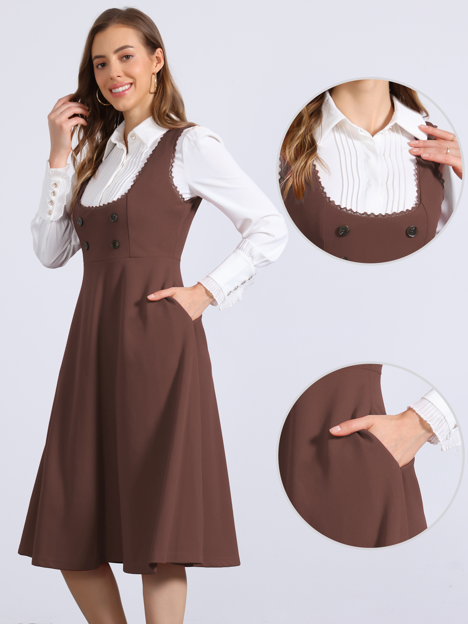 Lace Trim Button Decor Pockets Overalls Midi Pinafore Dress Brown/L