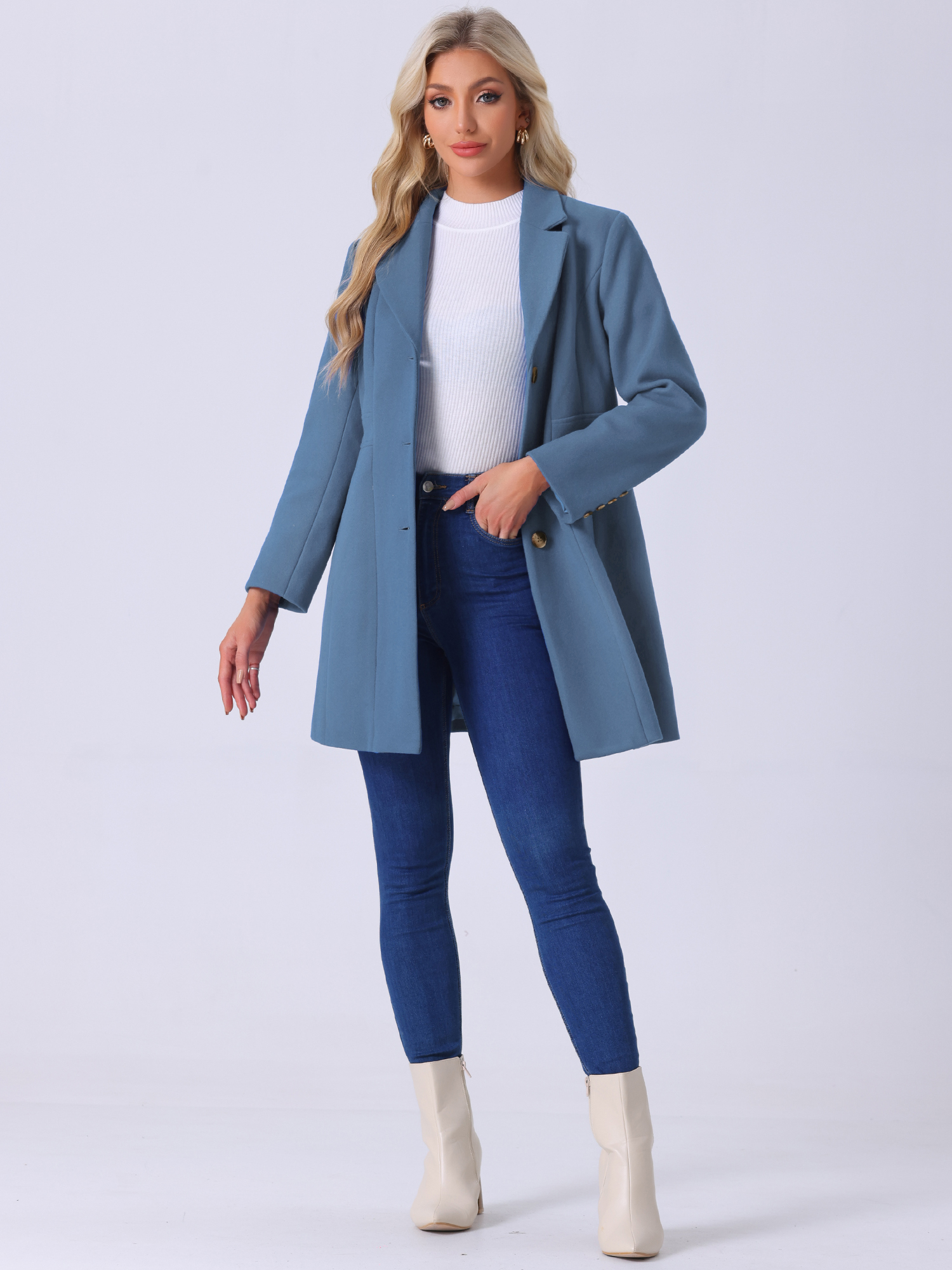 Single Breasted Notched Lapel Winter Coats Blue Gray/L