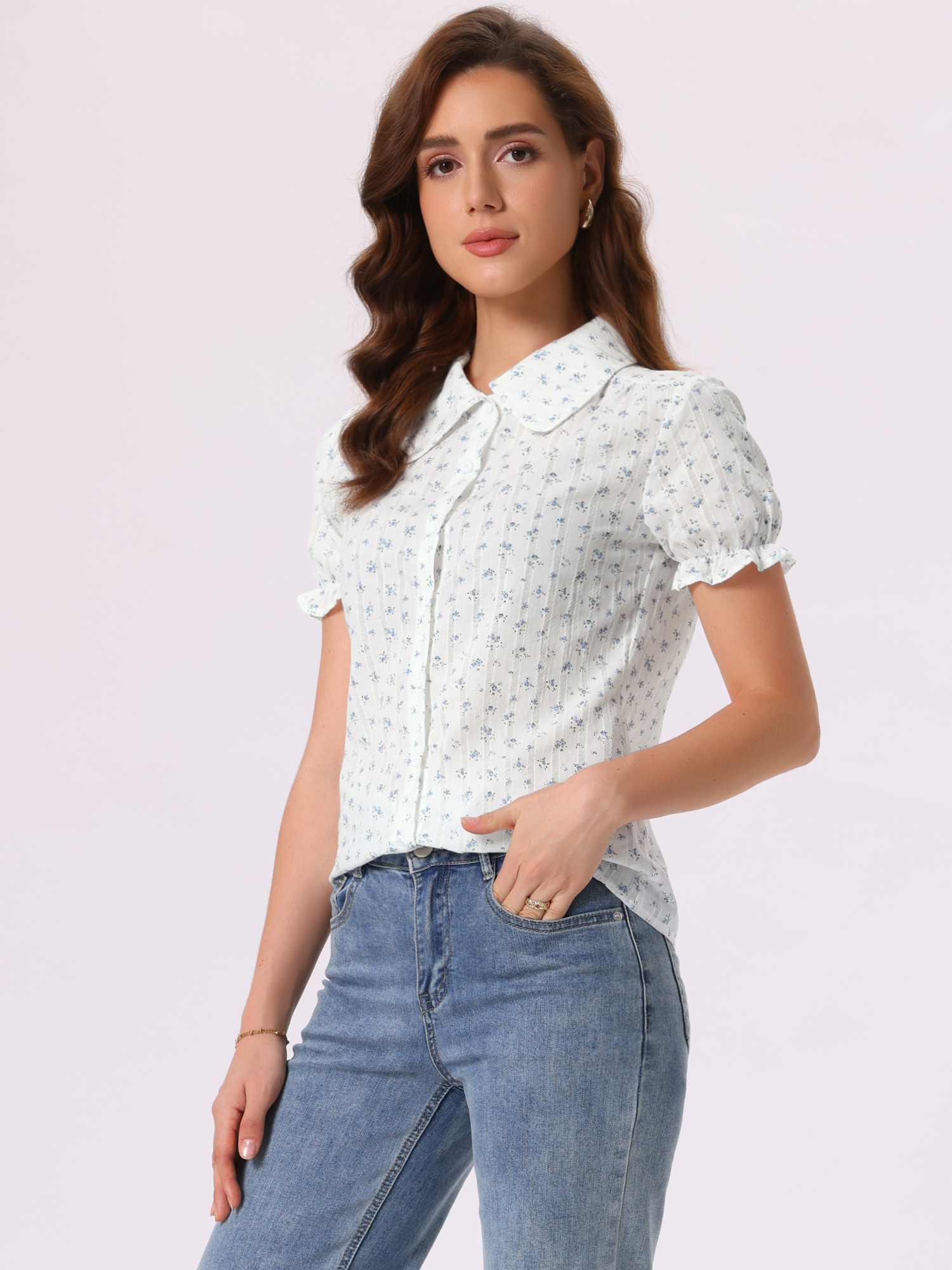 Floral Printed Peter Pan Collar Cotton Short Sleeve Shirt Blue White/S
