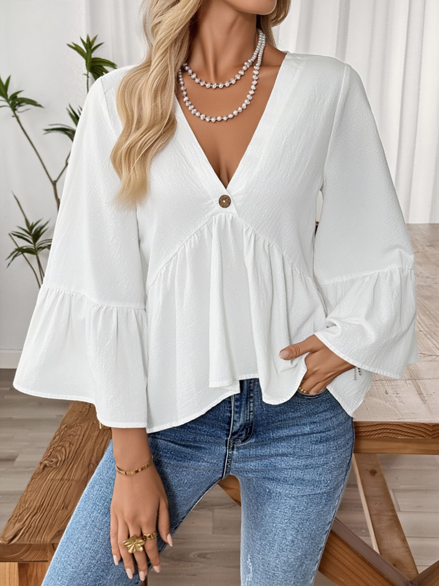 Solid Color V Neck Ruffled 3/4 Sleeve Cotton Blouse White/XL