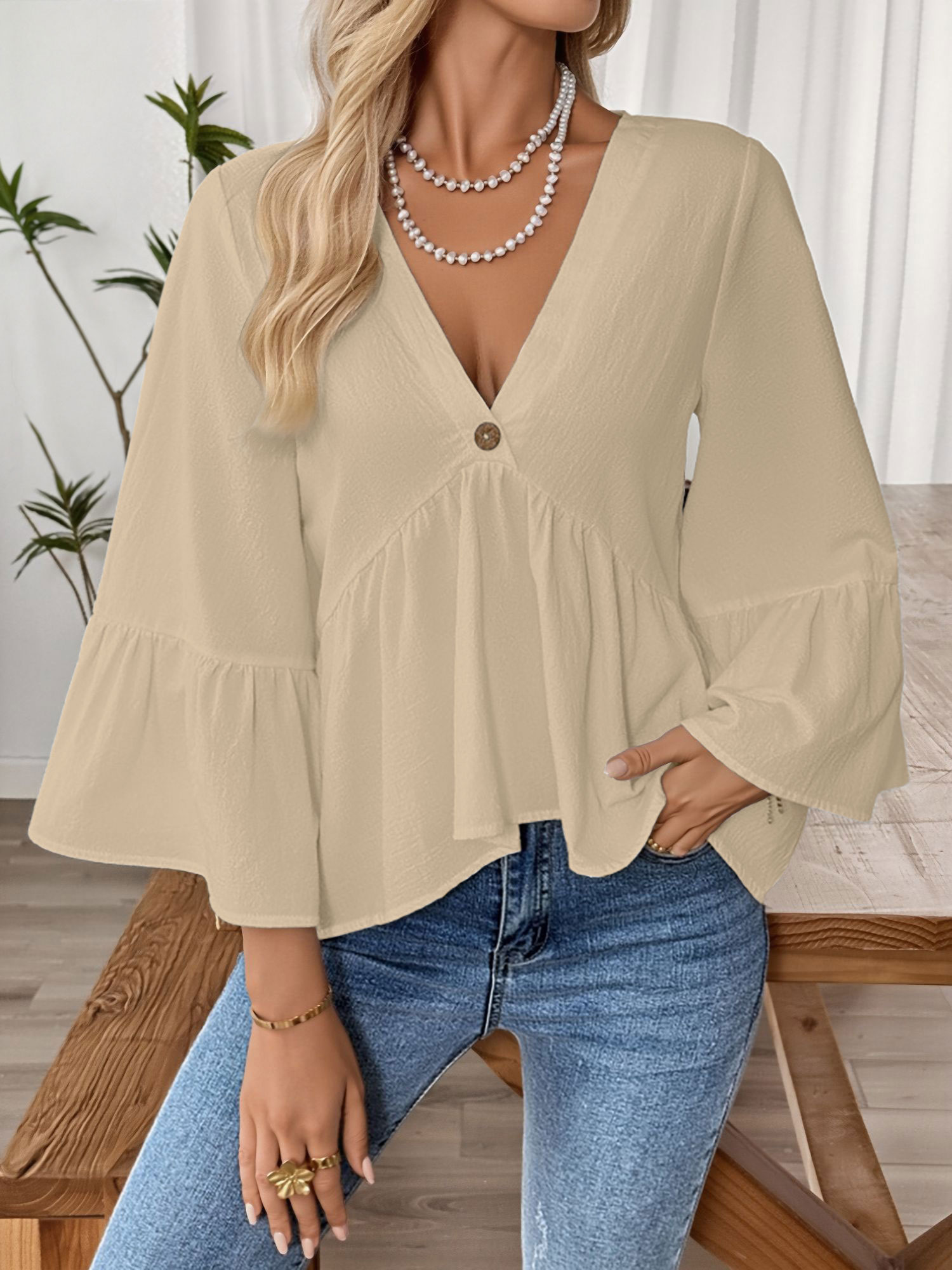 Solid Color V Neck Ruffled 3/4 Sleeve Cotton Blouse Apricot/XL