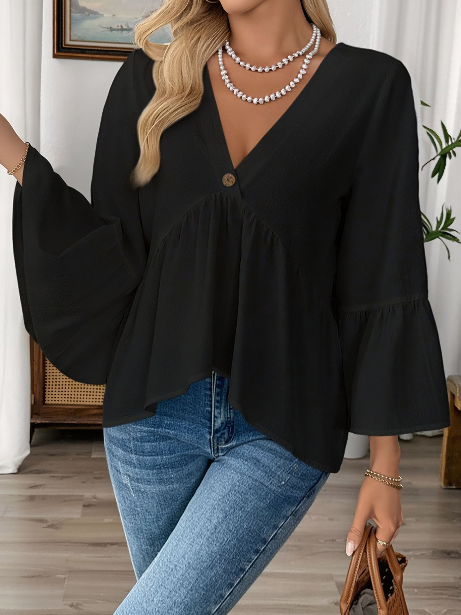 Solid Color V Neck Ruffled 3/4 Sleeve Cotton Blouse Black/M