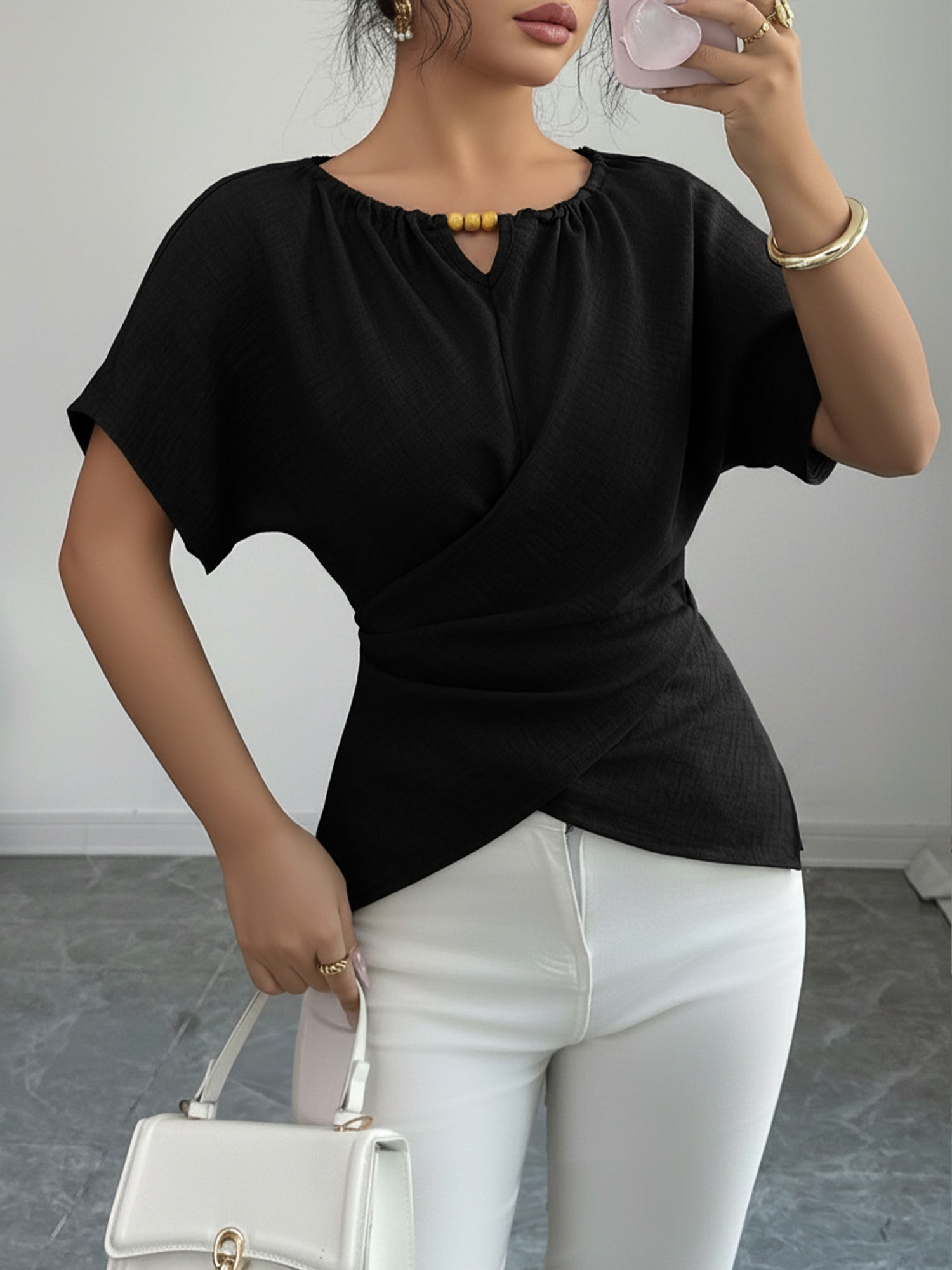 Beaded Solid Color Short Sleeve Tie Waist Blouse Black/S