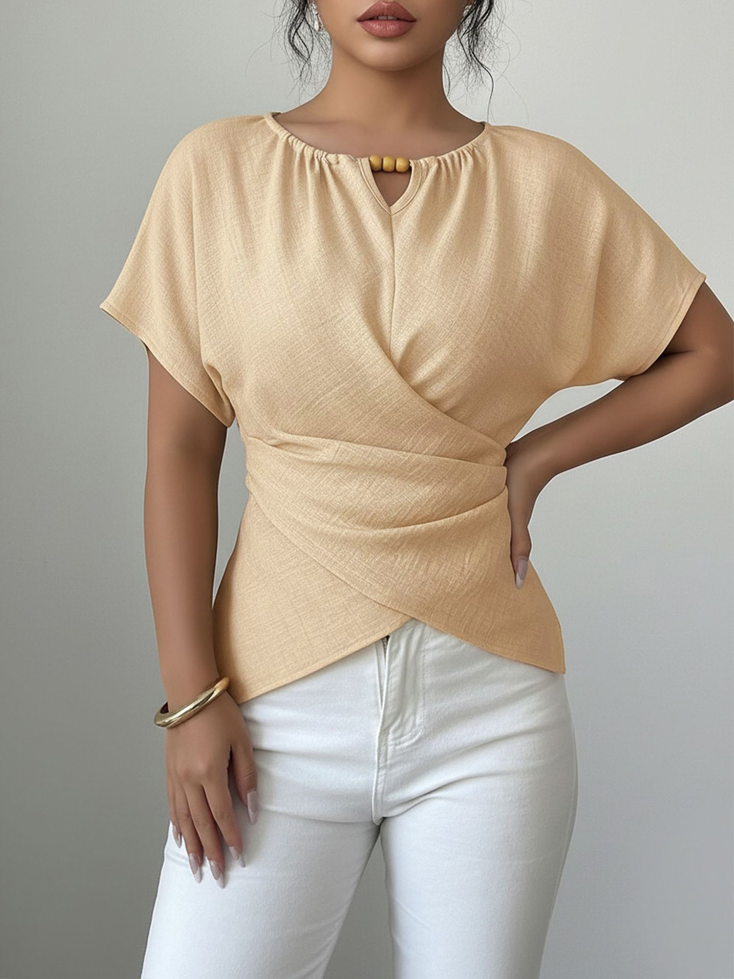 Beaded Solid Color Short Sleeve Tie Waist Blouse Apricot/XS