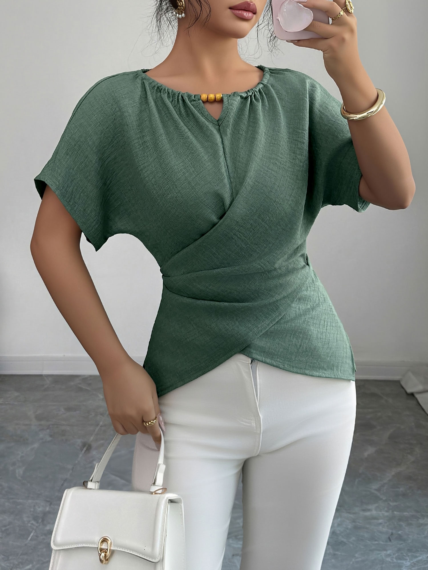 Beaded Solid Color Short Sleeve Tie Waist Blouse Green/XL