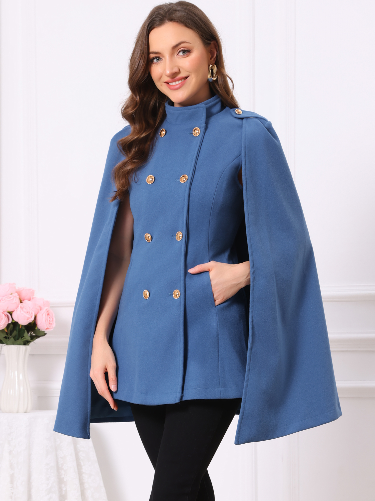 Winter Slit Sleeve Double Breasted Cloak Cape Coat Blue/S