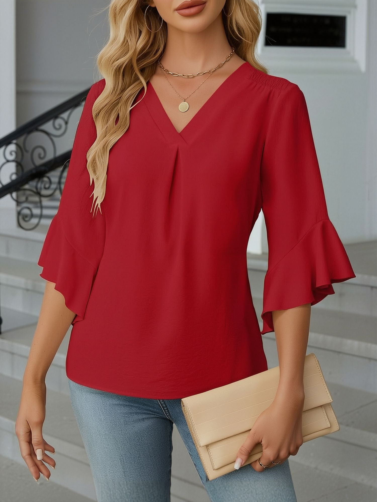 3/4 Sleeve V Neck Ruffled Sleeve Casual Chiffon Blouse Red/L