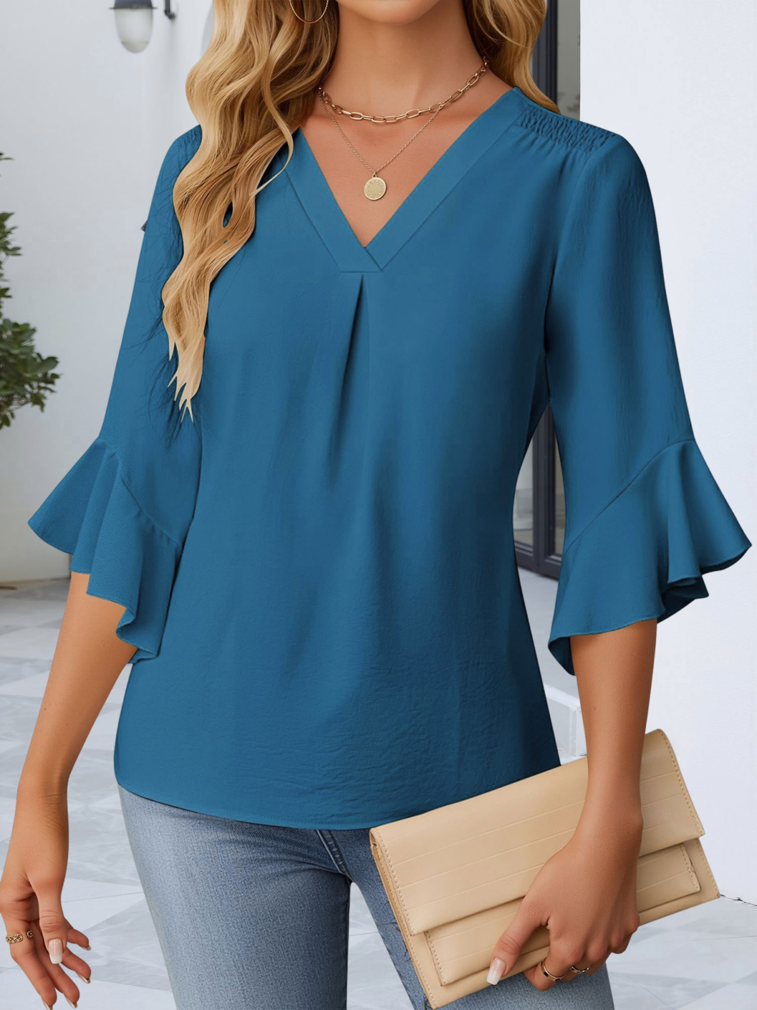 3/4 Sleeve V Neck Ruffled Sleeve Casual Chiffon Blouse Peacock Blue/S
