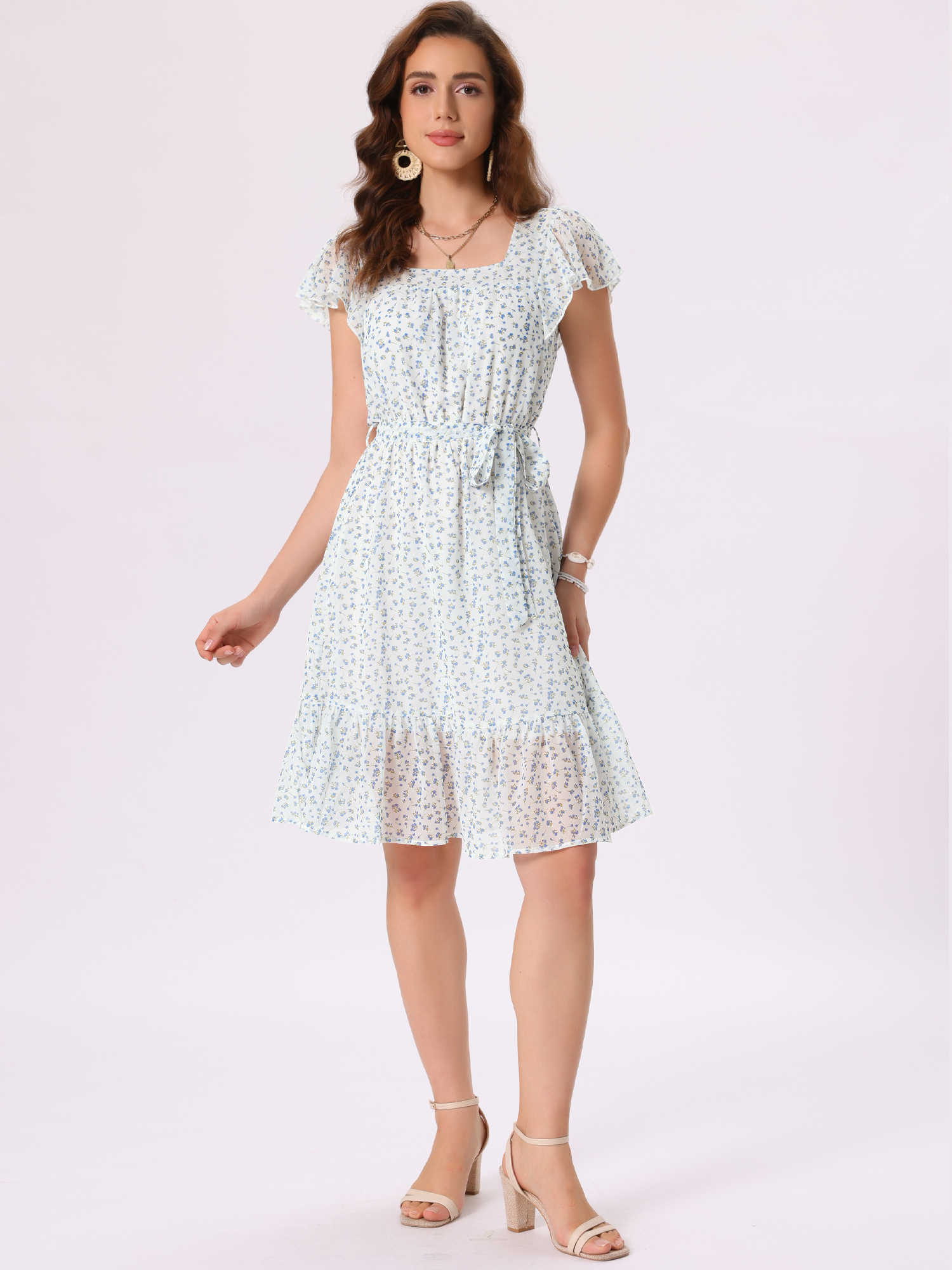 Floral Chiffon Flutter Sleeve Belted Square Neck Ruffled Hem Dress White Blue/S