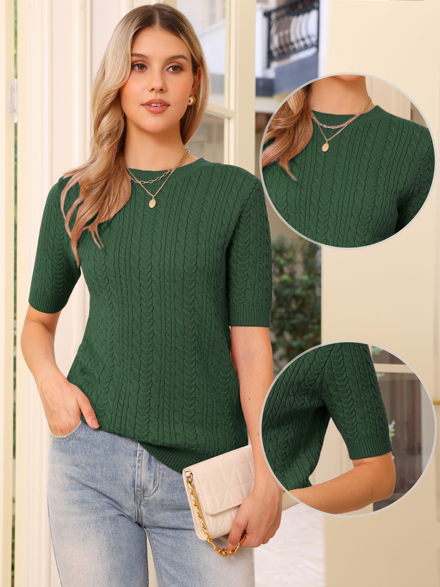 Short Sleeve Crew Neck Knit Casual Sweater Top Army Green/M