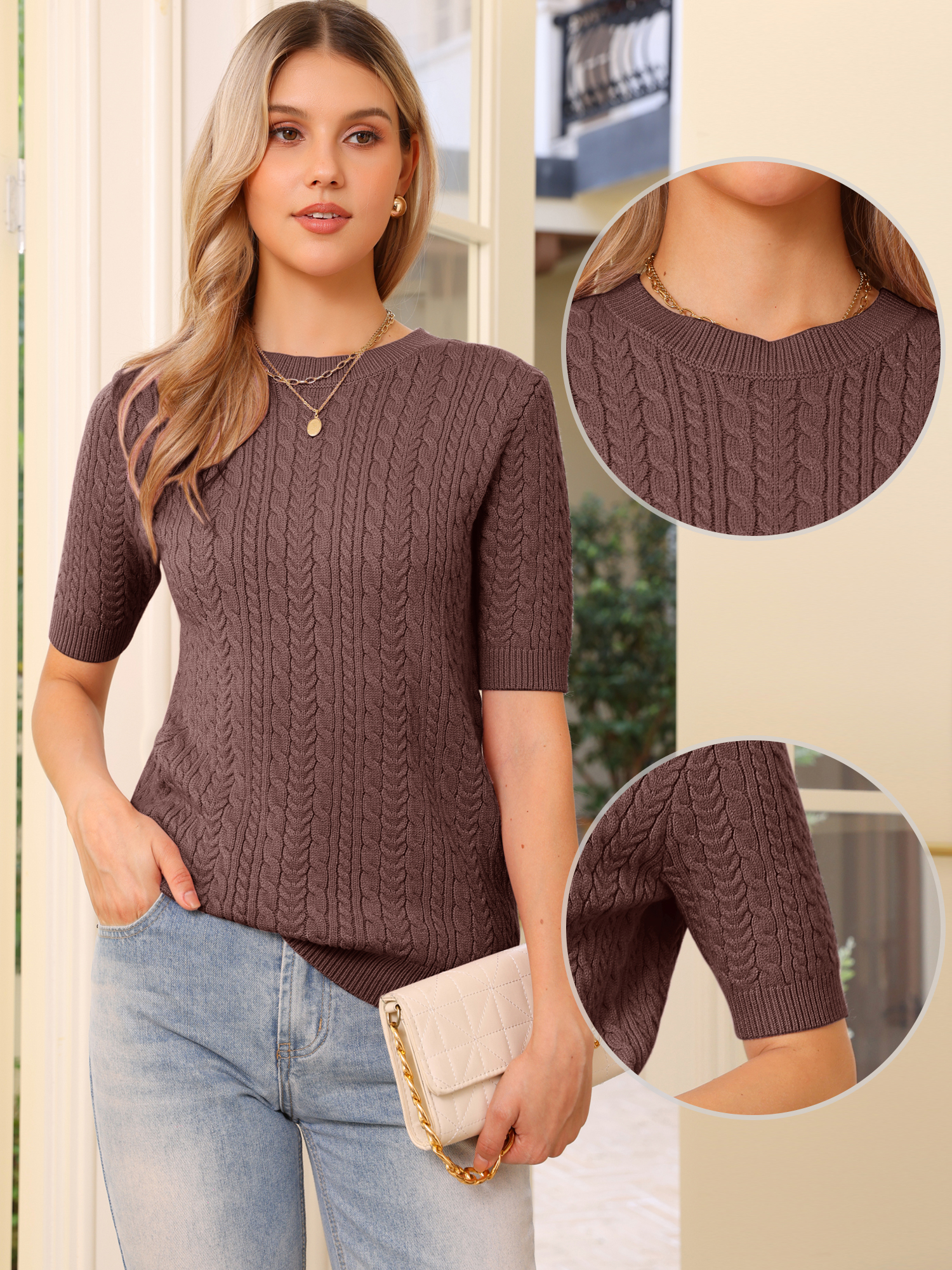 Short Sleeve Crew Neck Knit Casual Sweater Top Brown/M