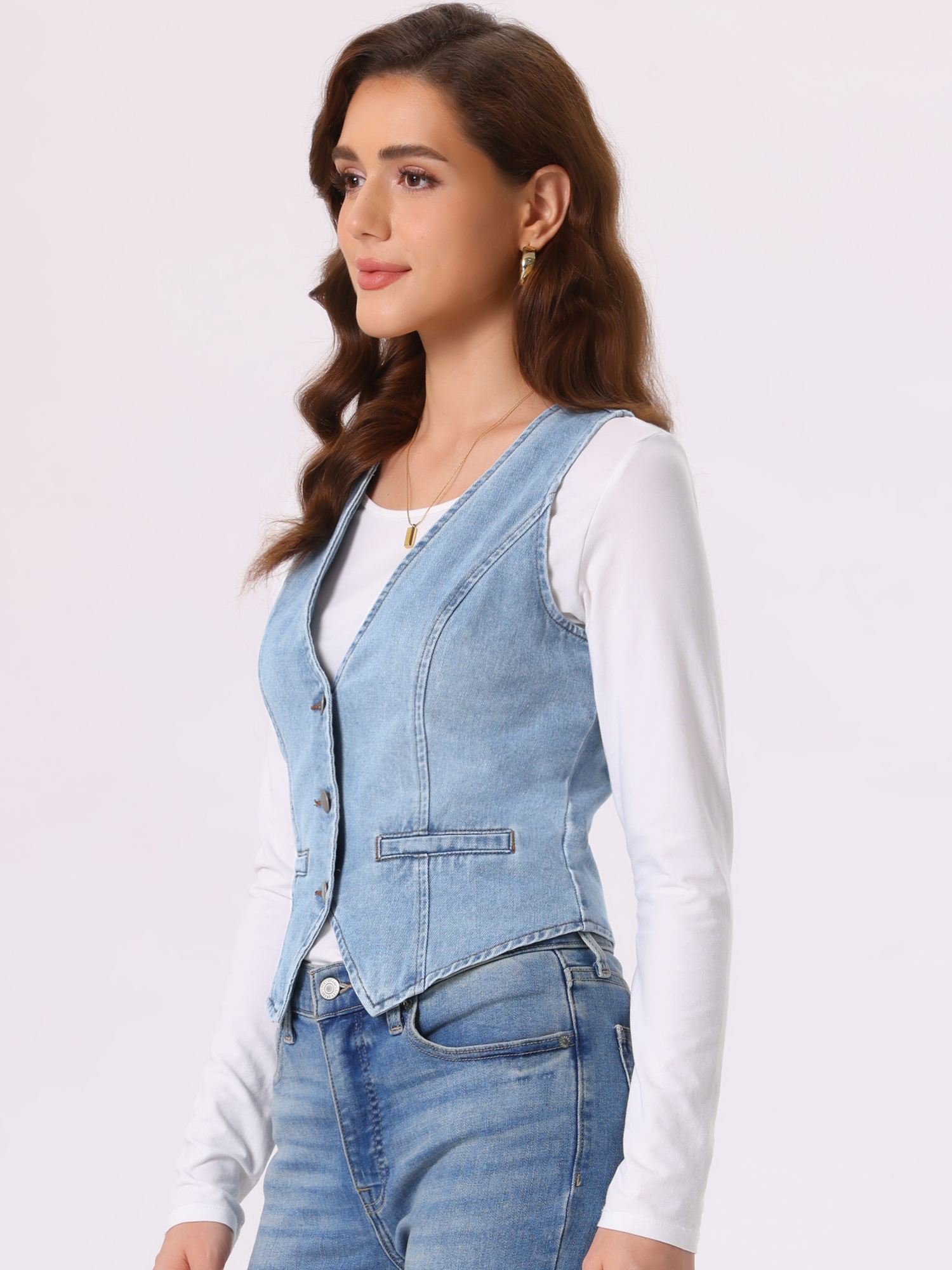 Denim Jakcet Sleeveless V Neck Button Down Casual Jean Waistcoat Vest Light Blue/L