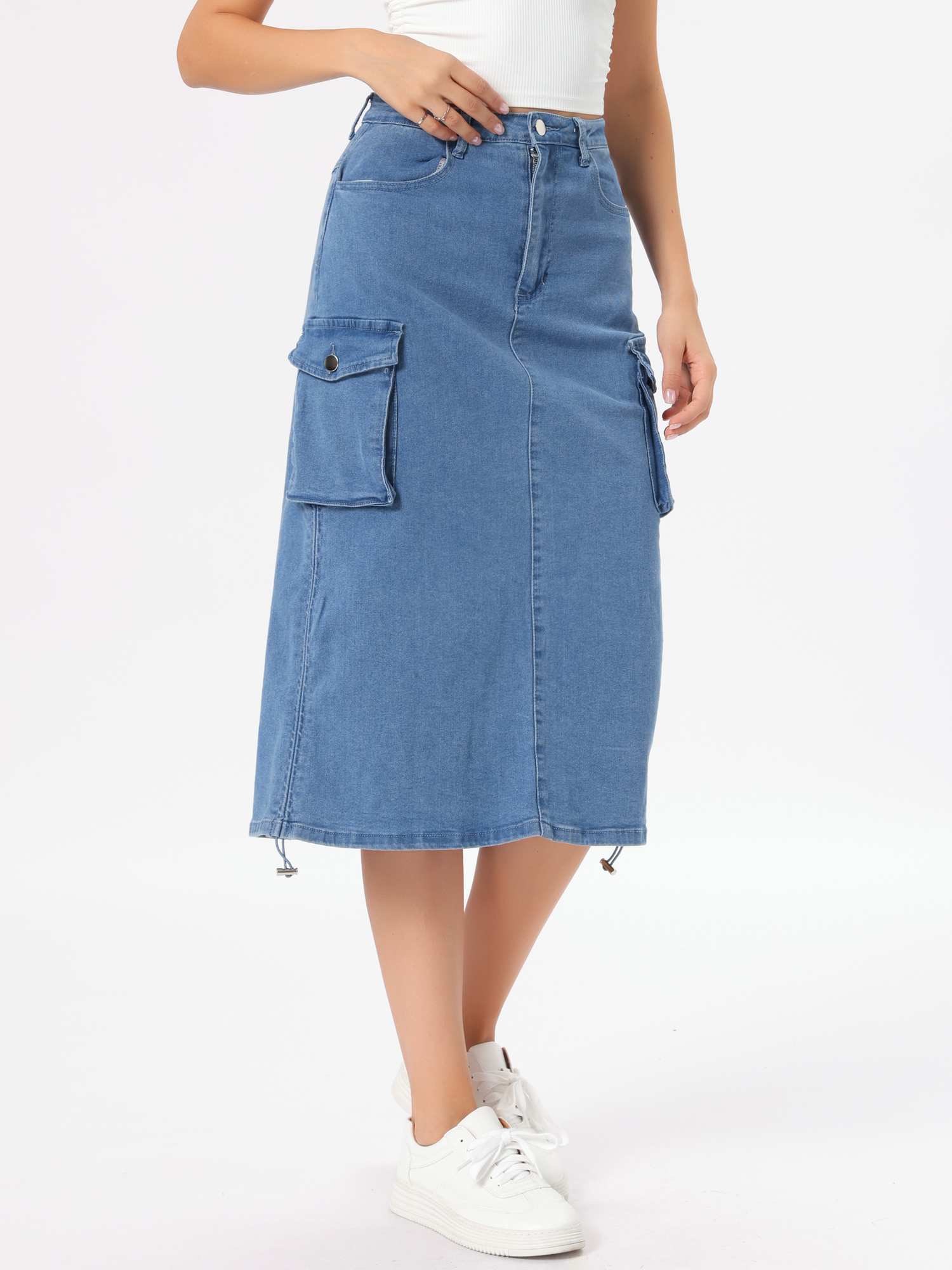 Midi Skirt Flap Pocket Back Slit Drawstring Cargo Skirt Sky Blue/M