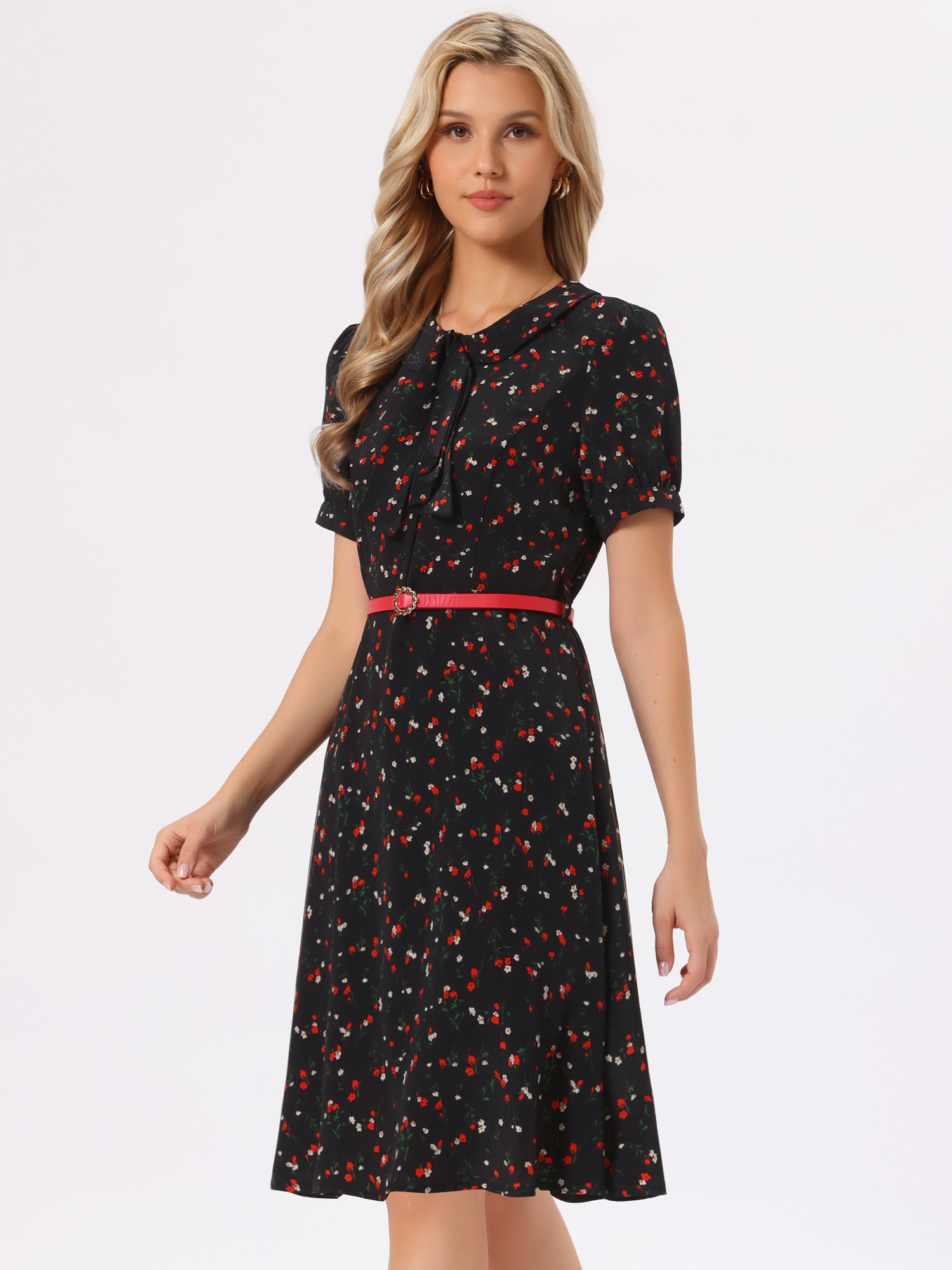 Peter Pan Collar Tie Neck Short Sleeve A-Line Belted Floral Dress Black Red/M
