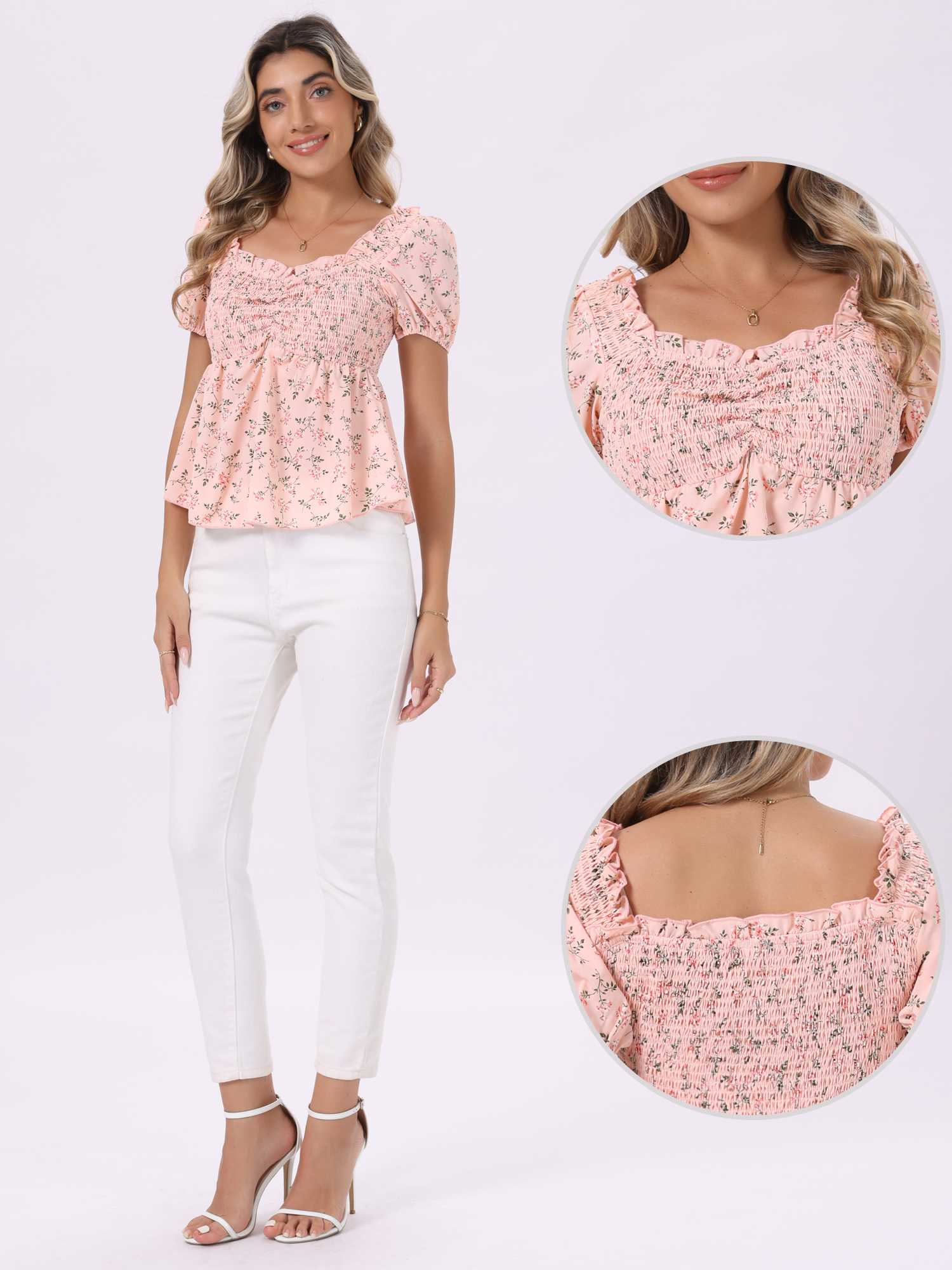 Puff Short Sleeve Floral Shirred Ruffle Peplum Blouse Pink White/M
