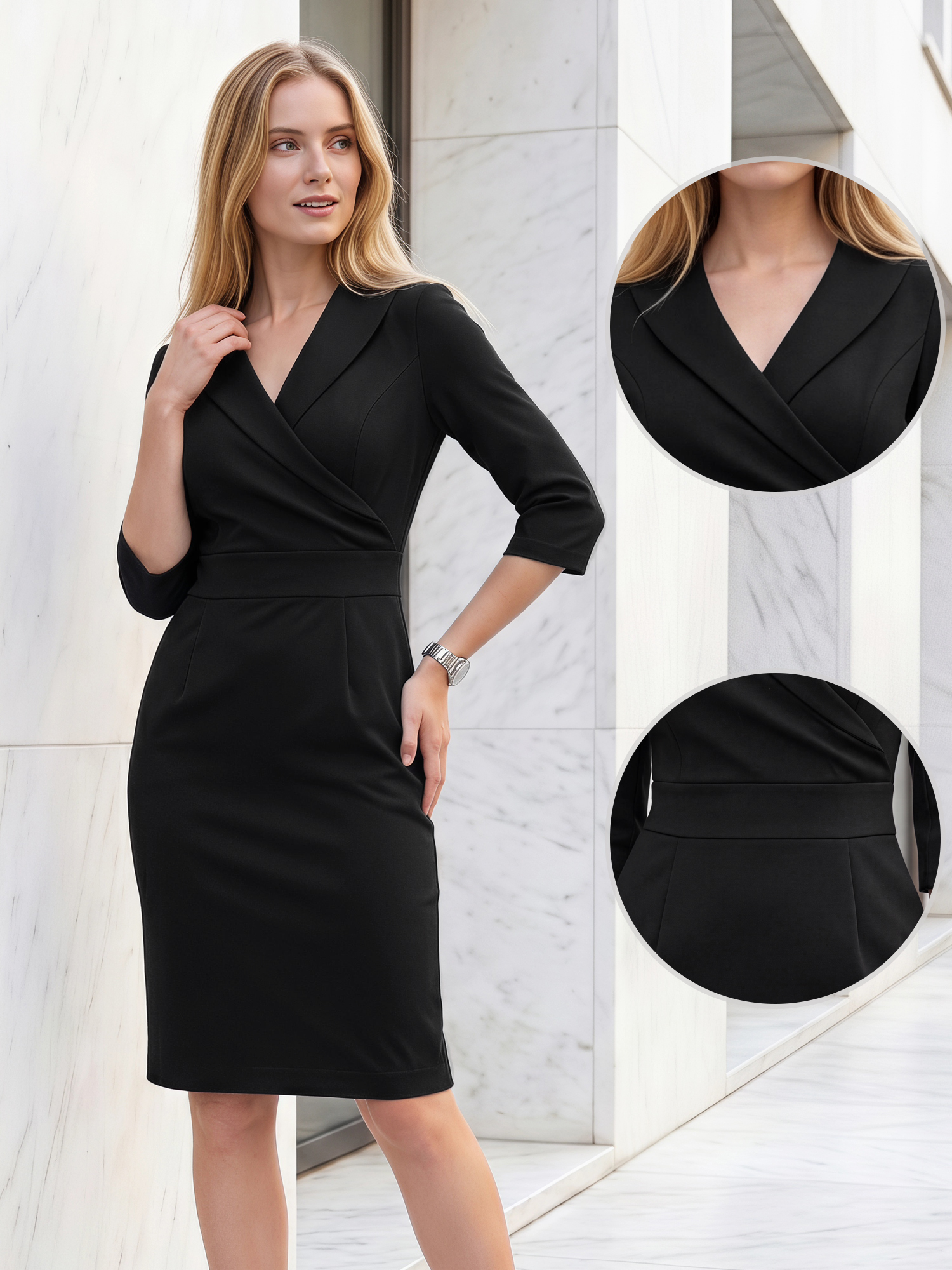 Lapel 3/4 Sleeve Pockets Work Office Sheath Midi Dress Black/2XL