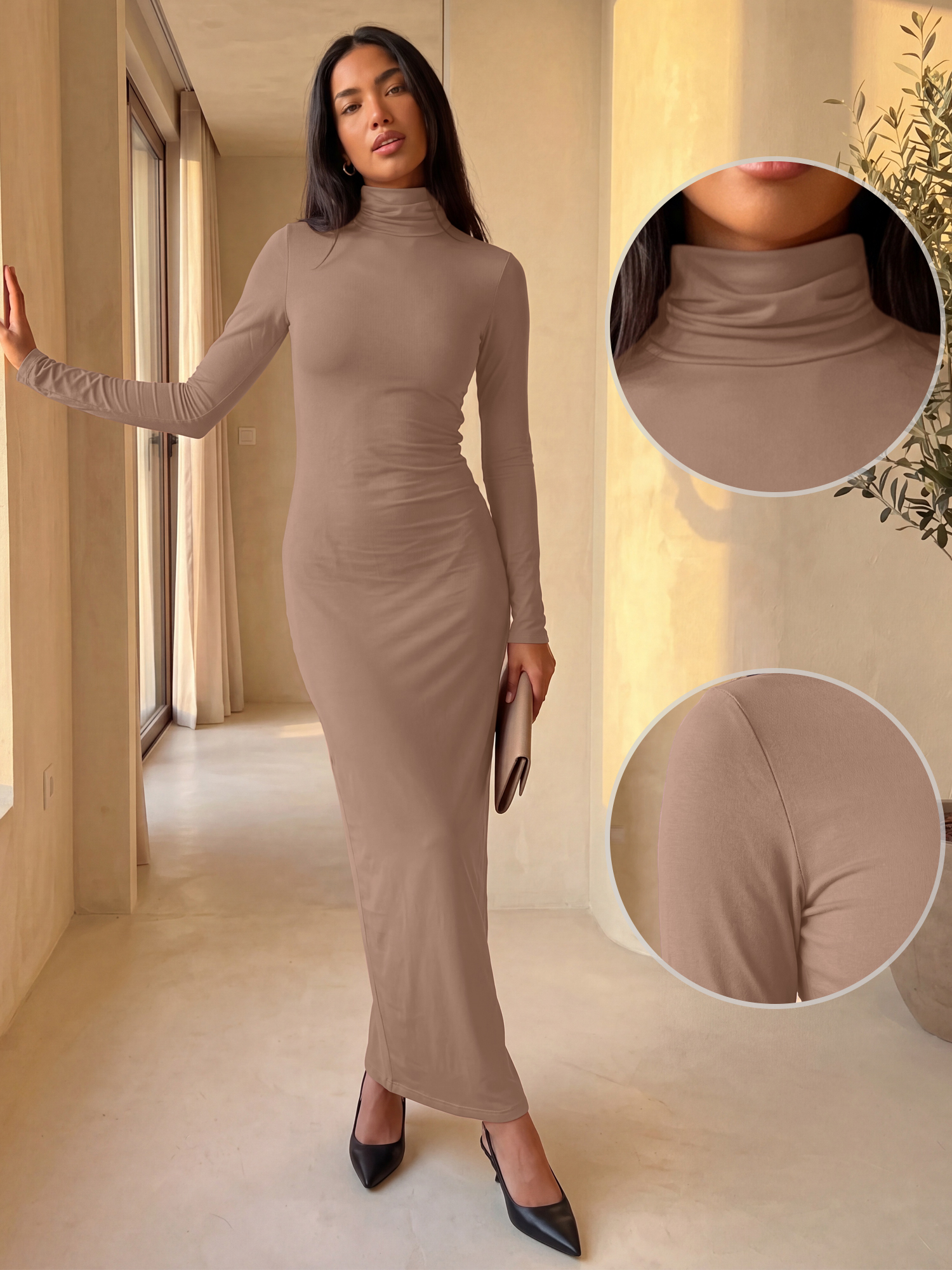 Turtleneck Slim Fit Long Sleeve Maxi Bodycon Dress Beige/XL
