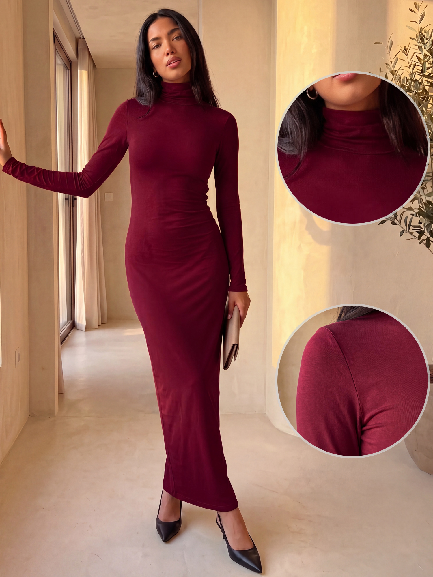 Turtleneck Slim Fit Long Sleeve Maxi Bodycon Dress Burgundy/L