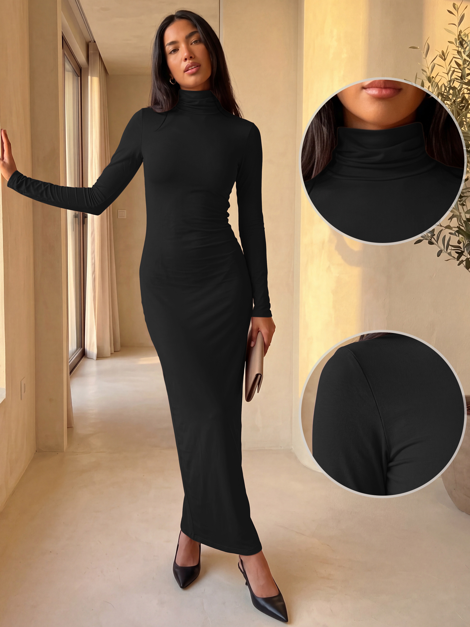 Turtleneck Slim Fit Long Sleeve Maxi Bodycon Dress Black/XL