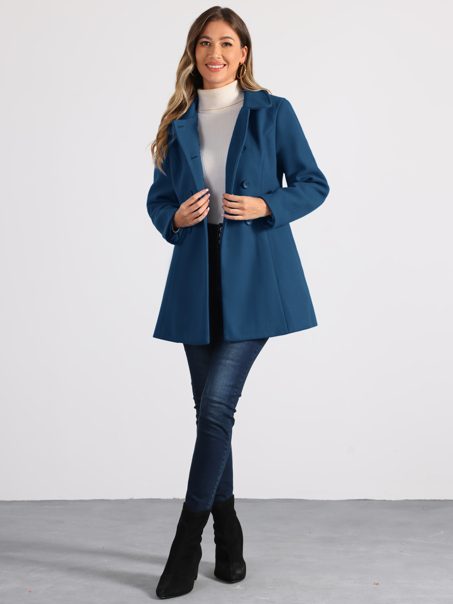 Double Breasted Peter Pan Collar Long Trench Pea Coat Deep Blue/S