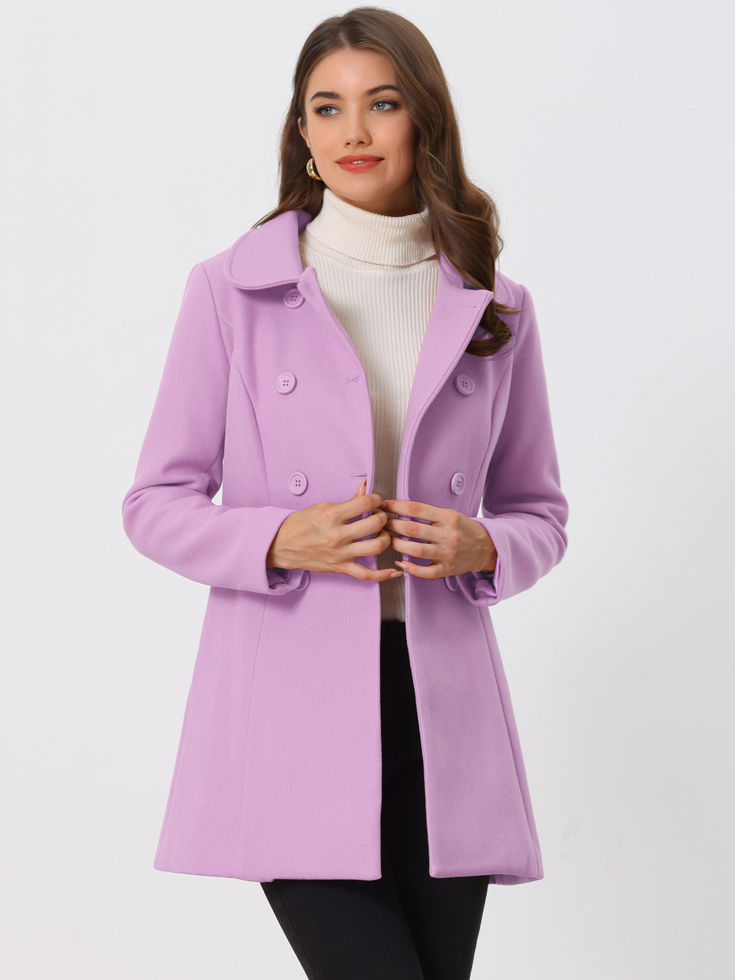 Double Breasted Peter Pan Collar Long Trench Pea Coat Purple/XL