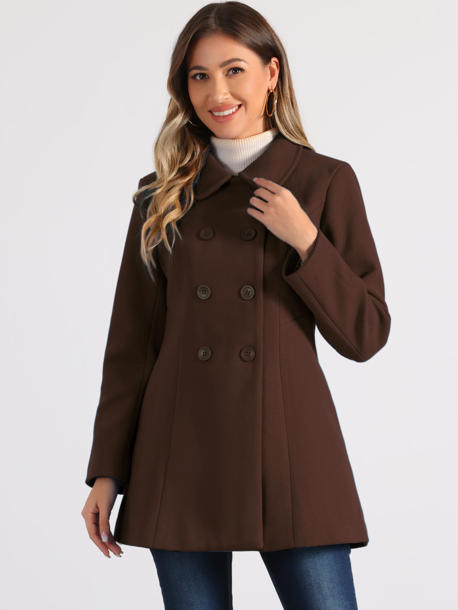 Double Breasted Peter Pan Collar Long Trench Pea Coat Coffees/S