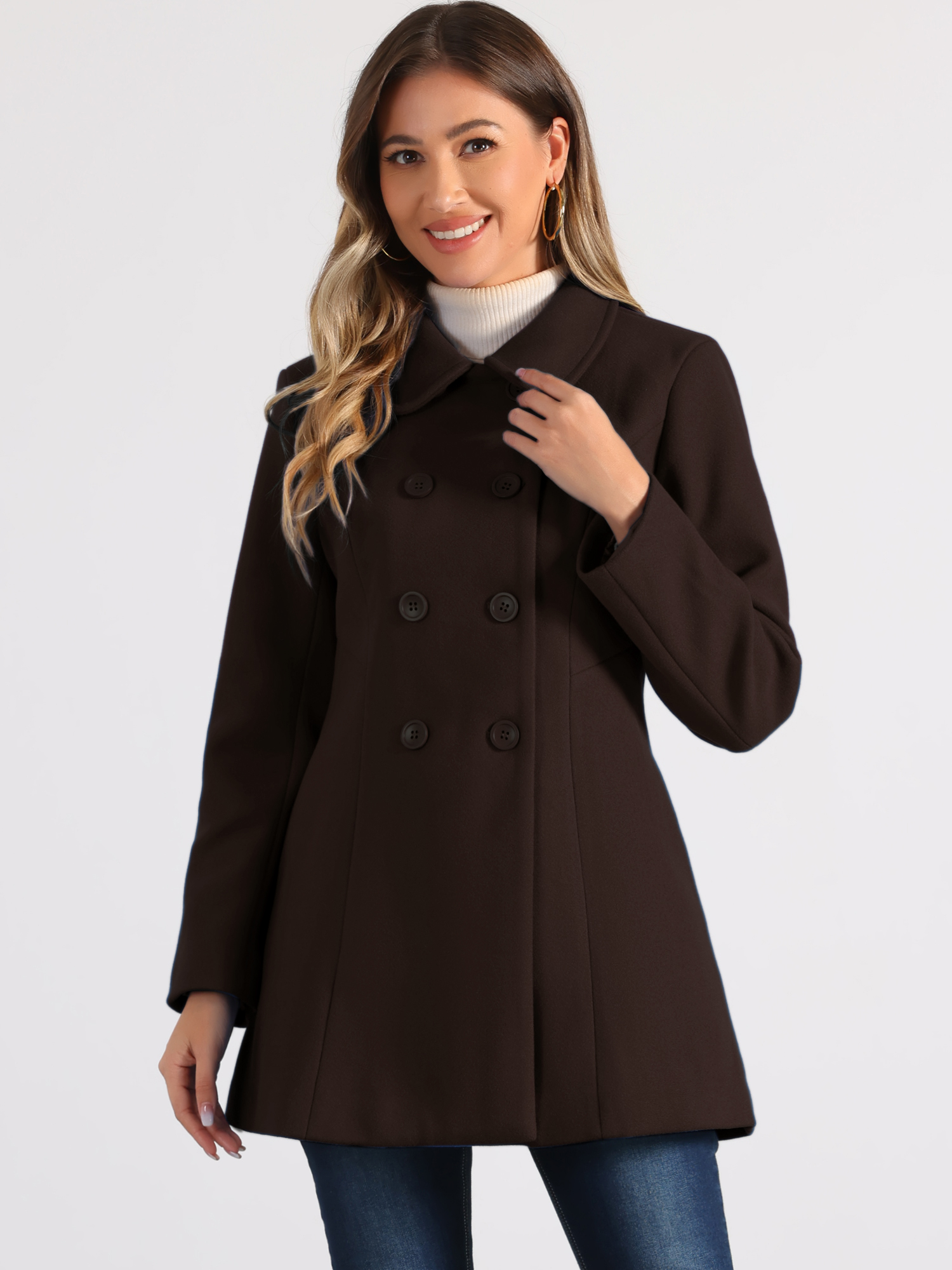 Double Breasted Peter Pan Collar Long Trench Pea Coat Deep Brown/S