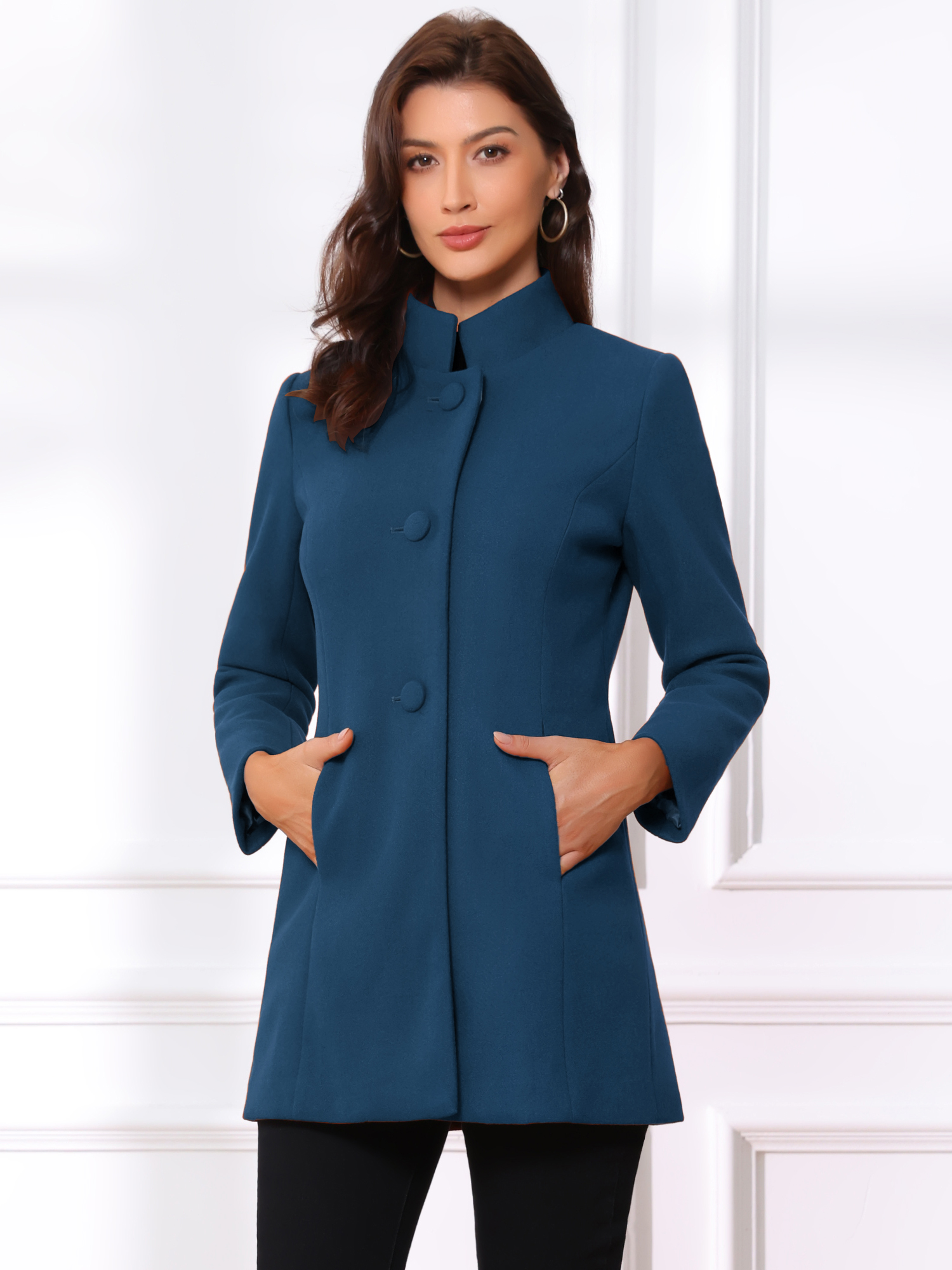 Mid-thigh Stand Collar Single Breasted Long Coat Blue/M