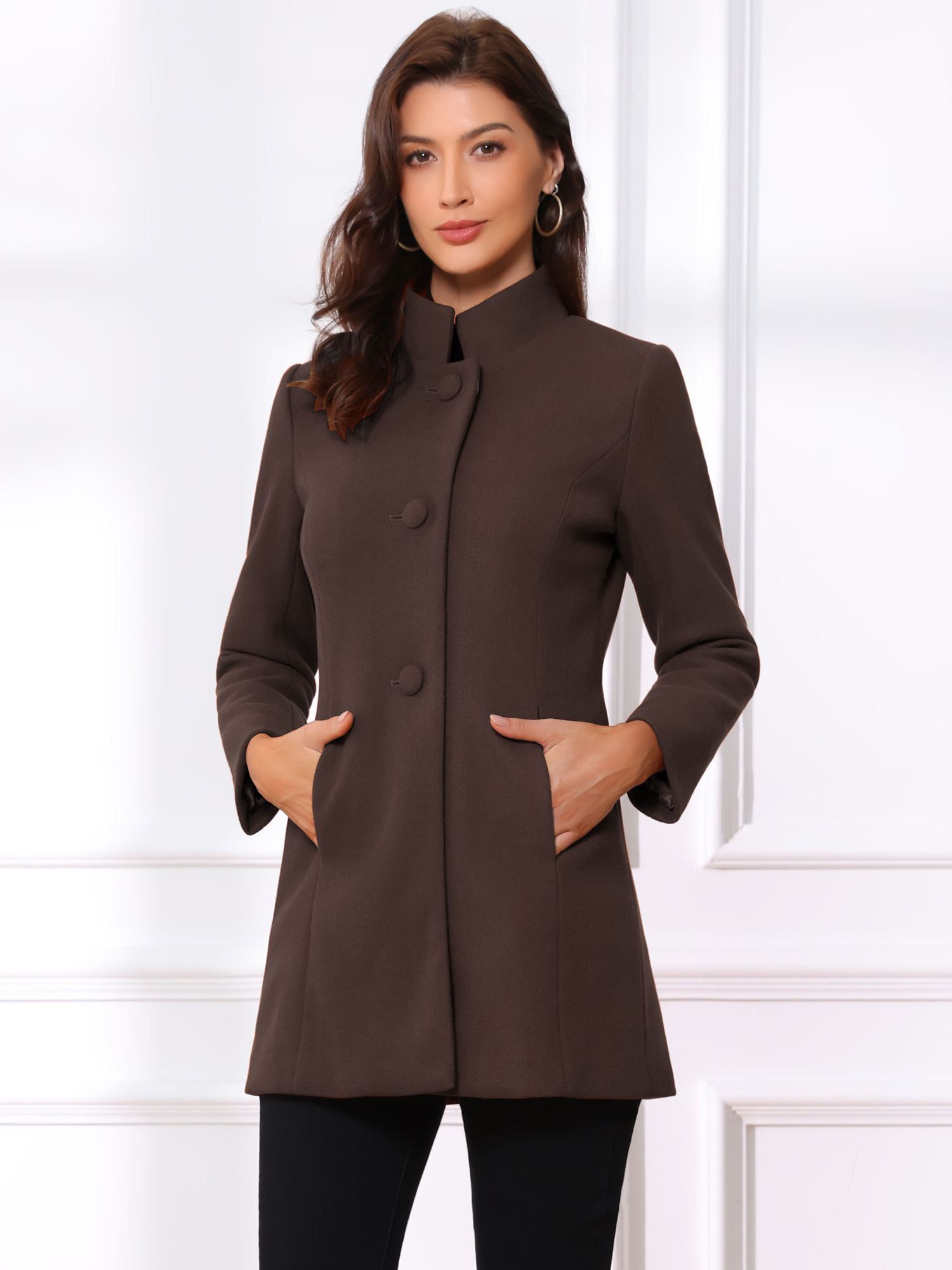 Mid-thigh Stand Collar Single Breasted Long Coat Dark Mid-thigh Stand Collar Single Breasted Long Coat Dark