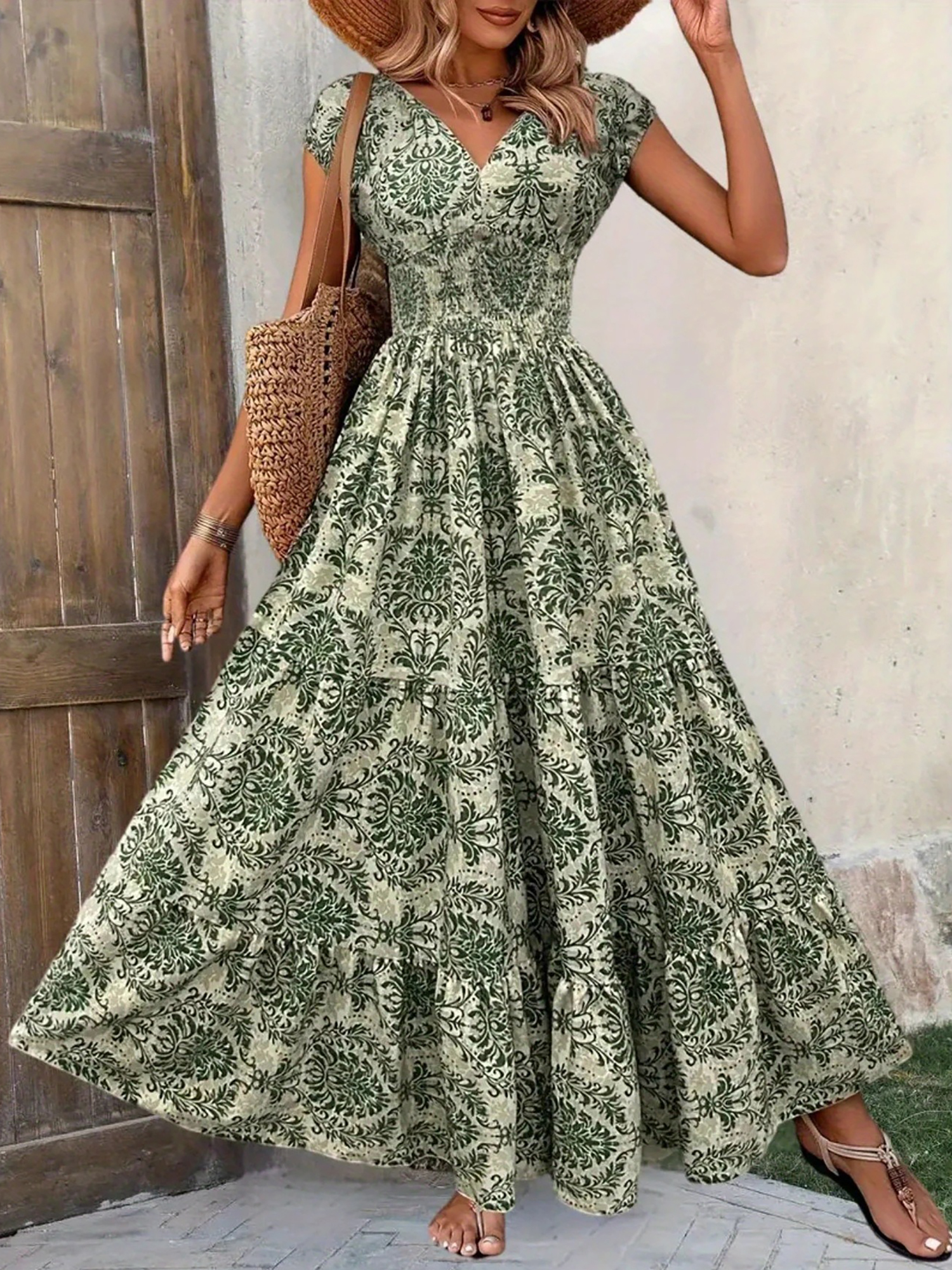 Boho Floral Cap Sleeves A-Line Tiered Dress Green/S