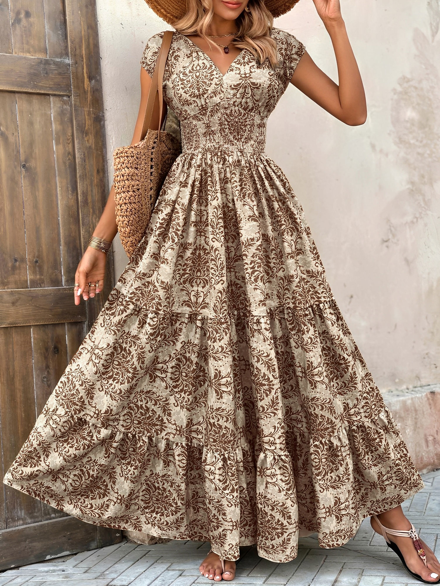 Boho Floral Cap Sleeves A-Line Tiered Dress Coffee/XL