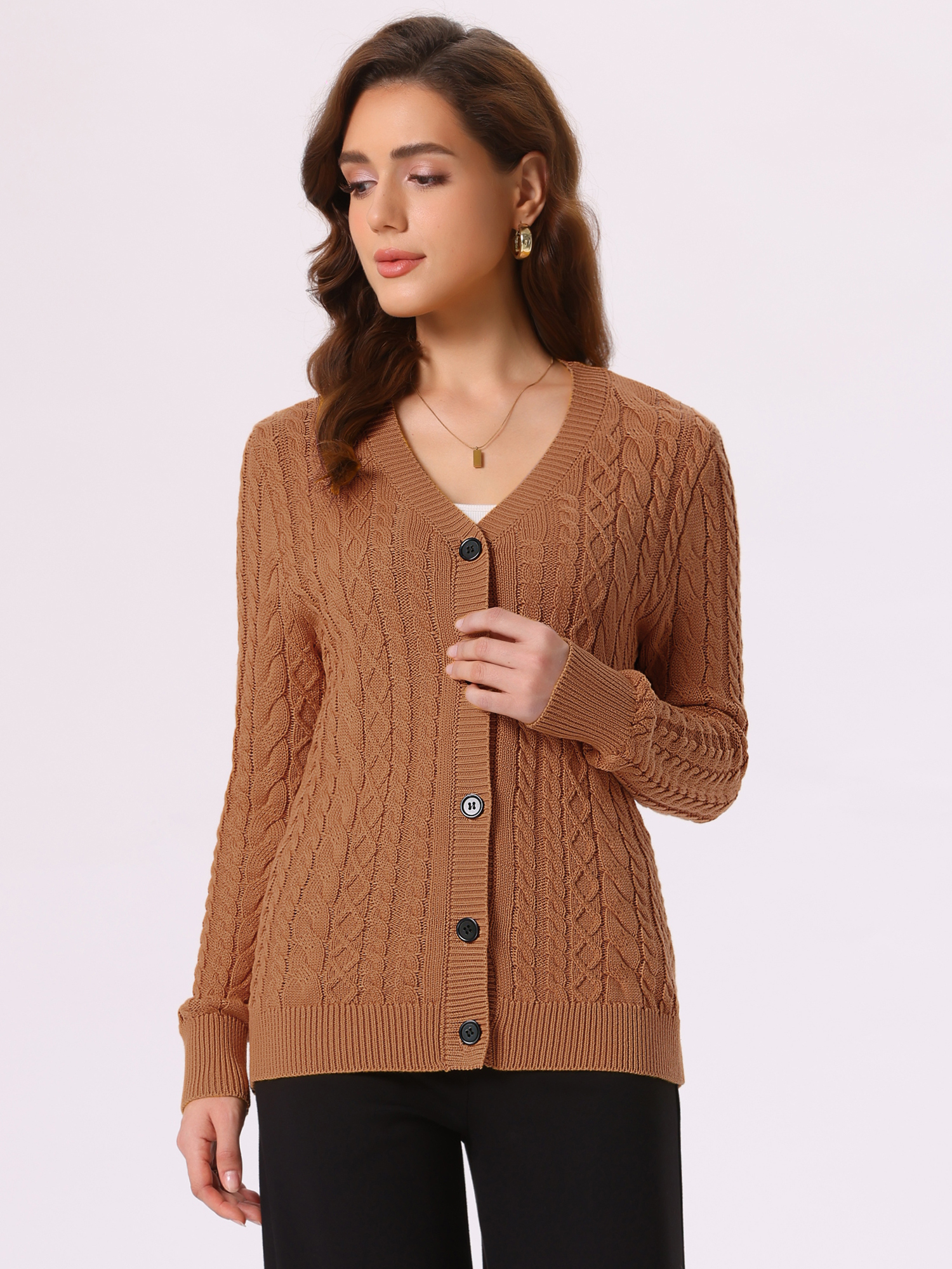 Cable Knit Button Down Long Sleeve Cardigan Sweater Camel/S