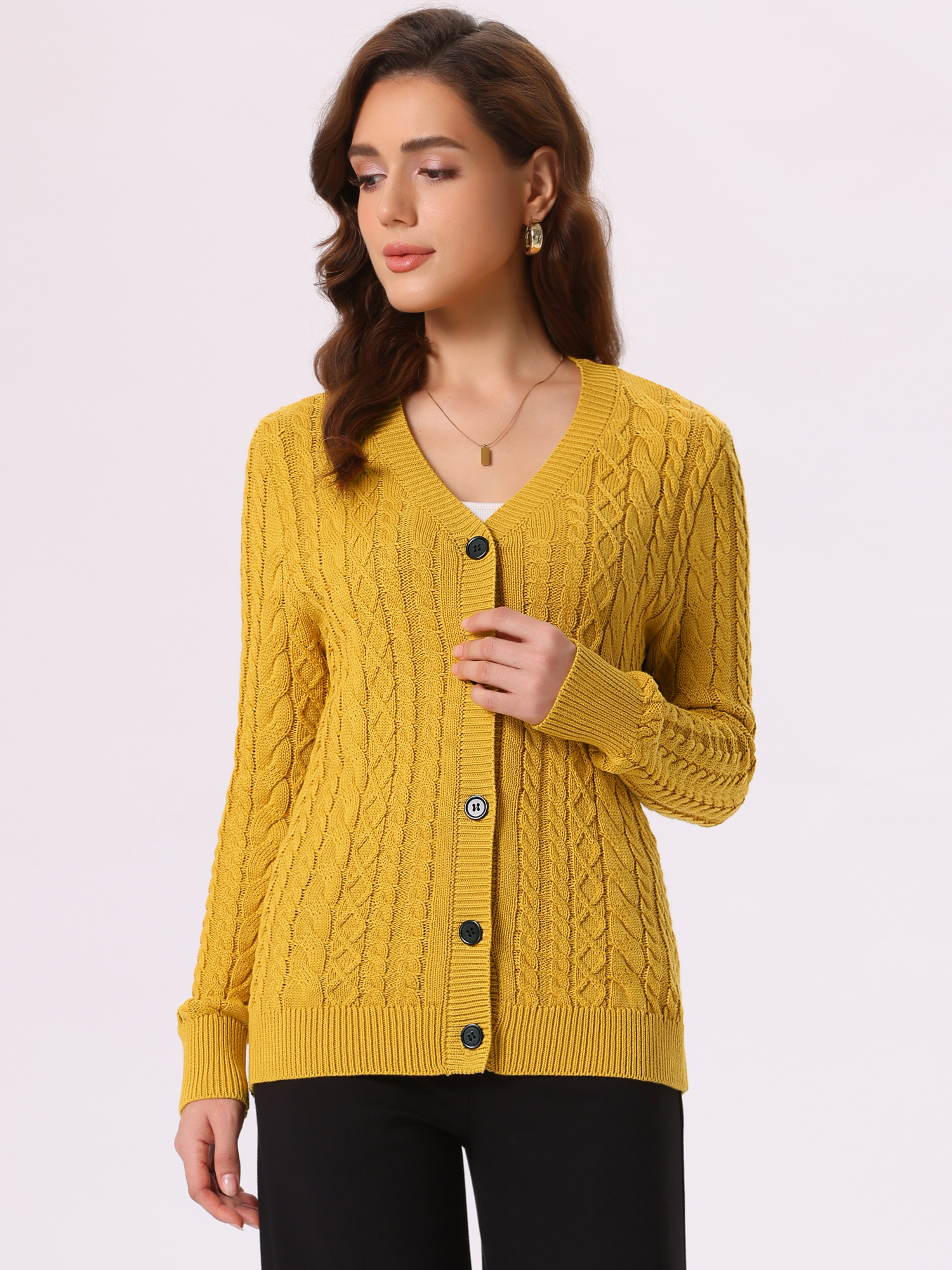 Cable Knit Button Down Long Sleeve Cardigan Sweater Yellow/XS