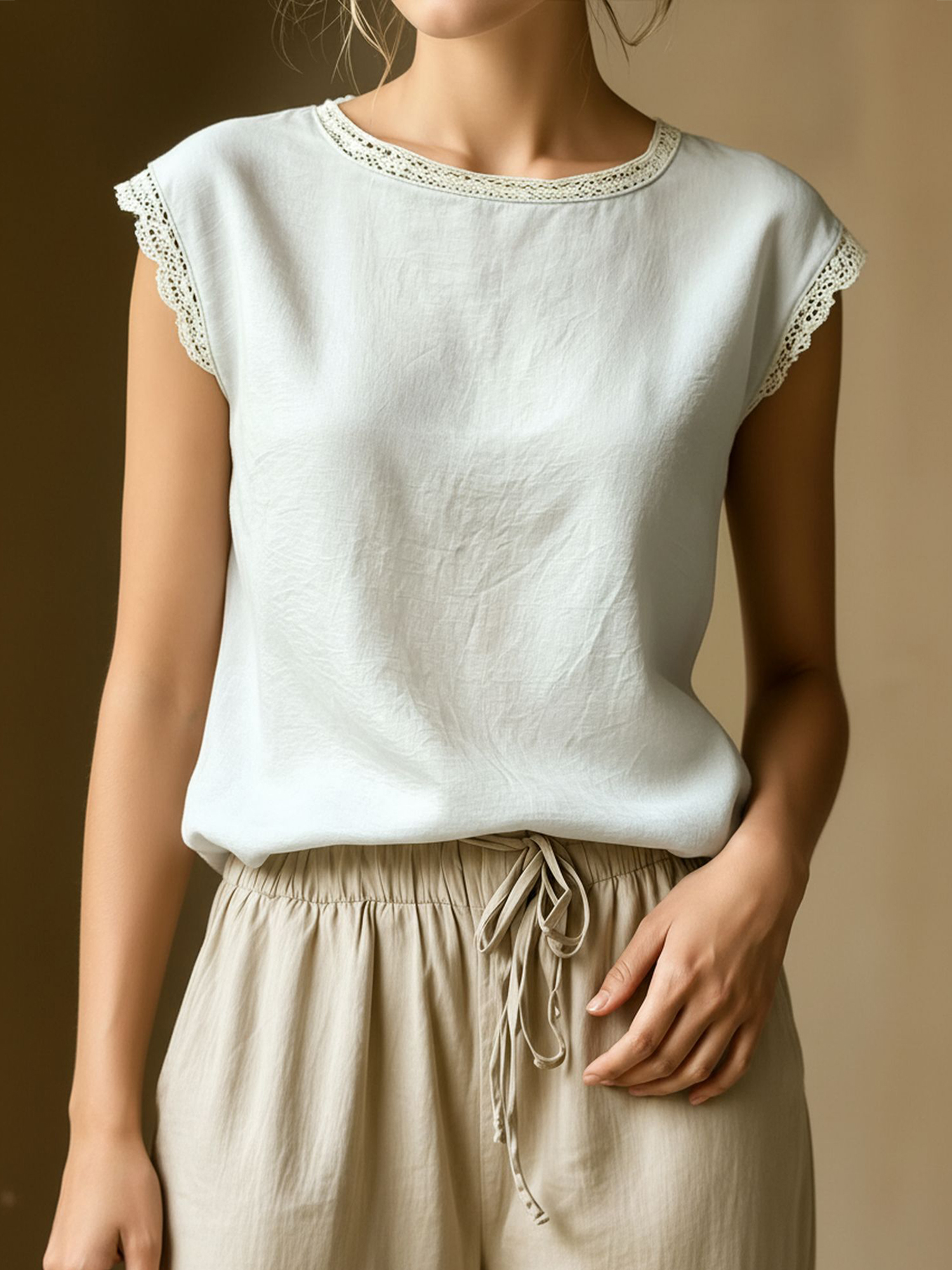 Round Neck Lace Casual Cap Sleeves Blouse White/XS