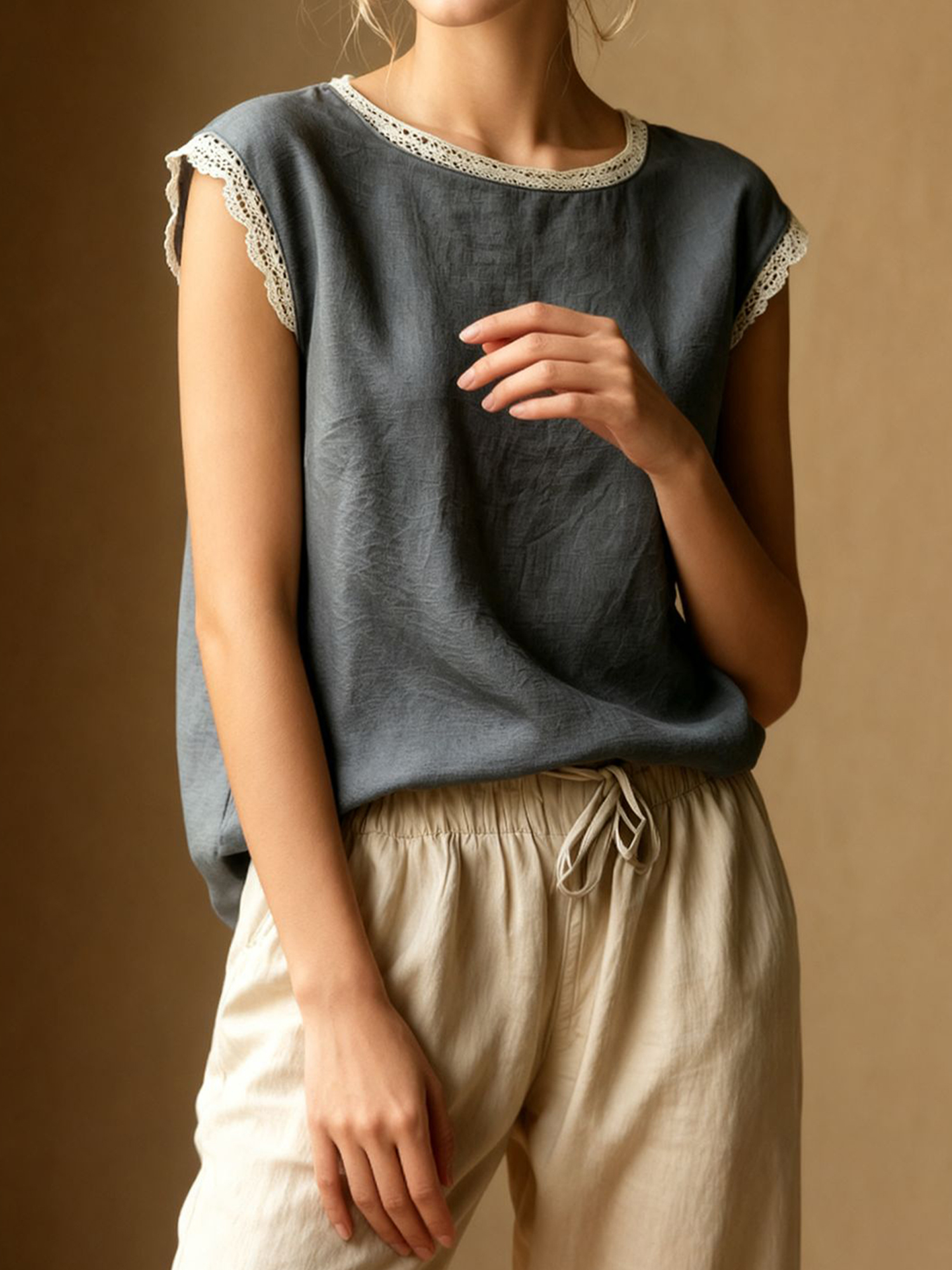 Round Neck Lace Casual Cap Sleeves Blouse Dark Gray/S