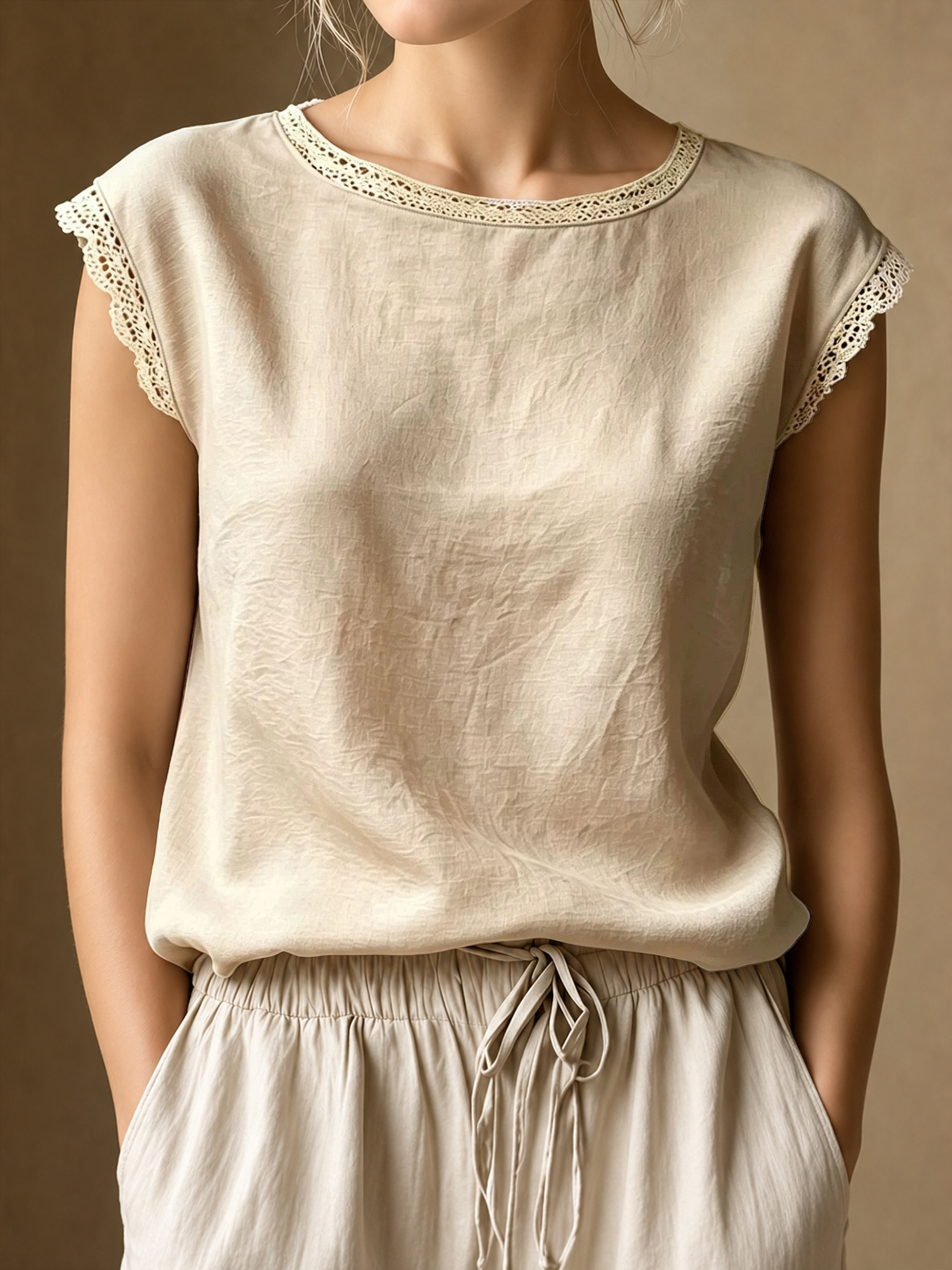Round Neck Lace Casual Cap Sleeves Blouse Apricot/M