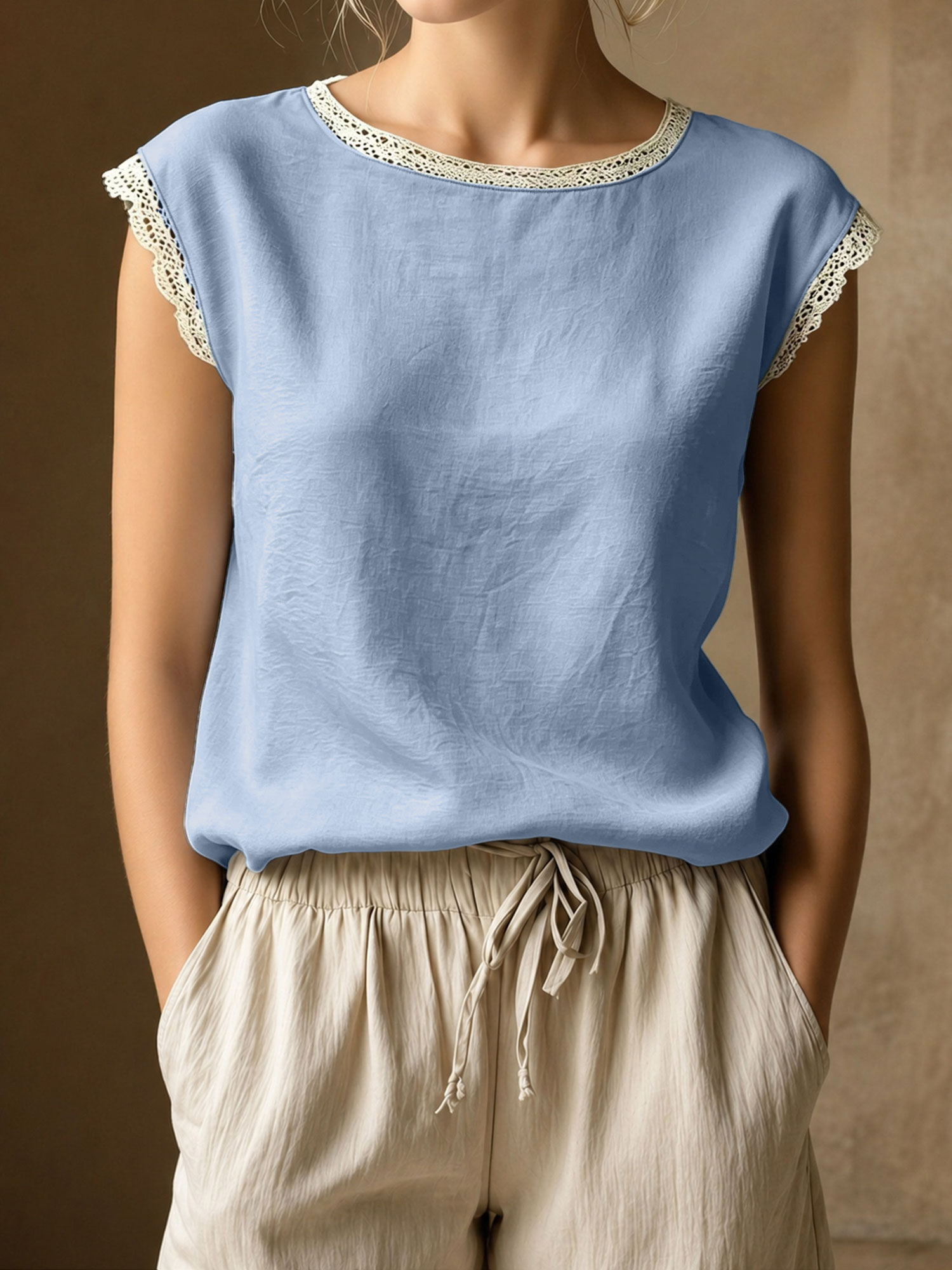 Round Neck Lace Casual Cap Sleeves Blouse Light Blue/S