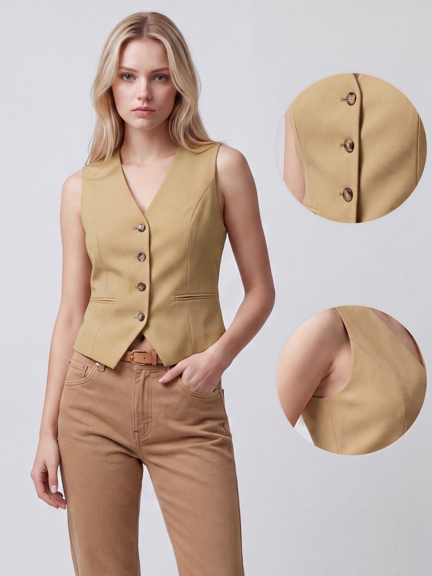 V Neck Sleeveless Button Down Work Office Vest Khaki/L