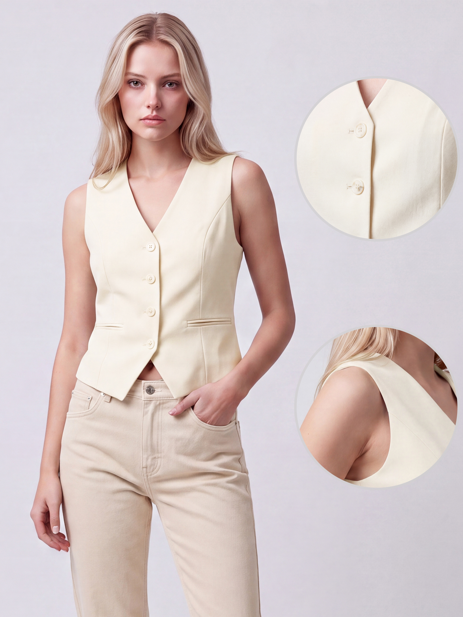 V Neck Sleeveless Button Down Work Office Vest Milk White/L