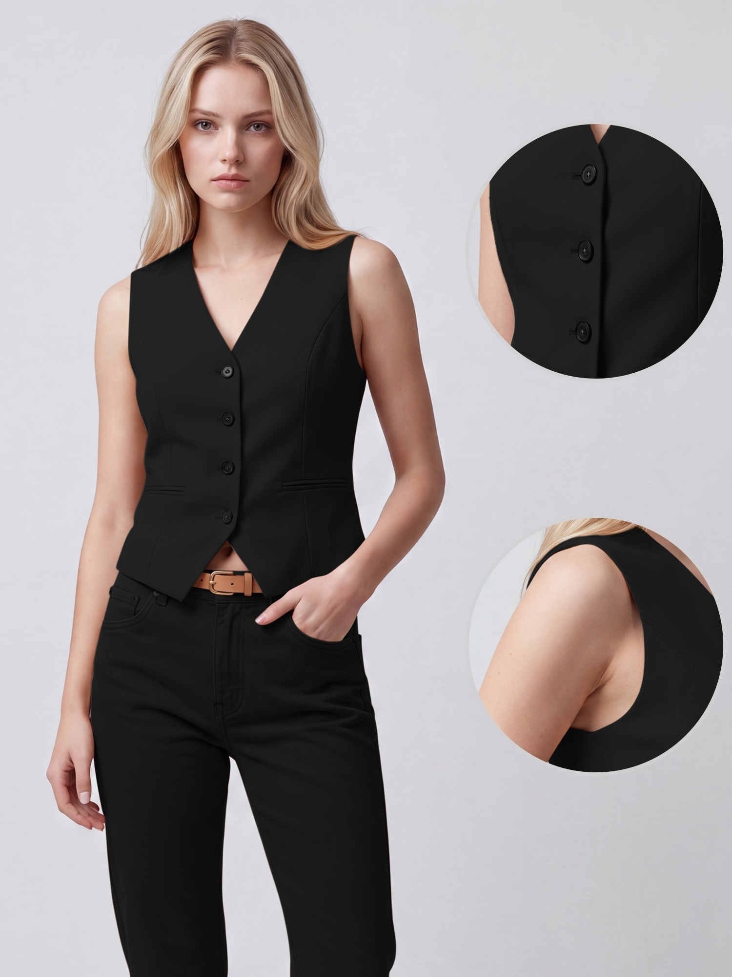 V Neck Sleeveless Button Down Work Office Vest Black/XS