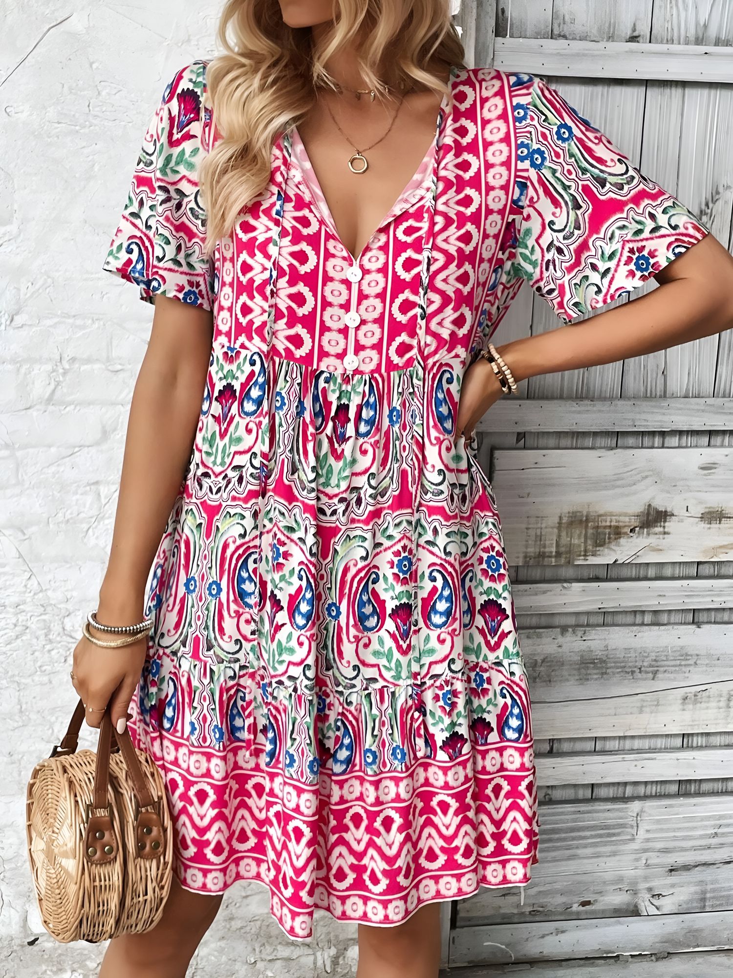 Boho Printed V Neck Loose Fitting Mini Dress Rose Red/M