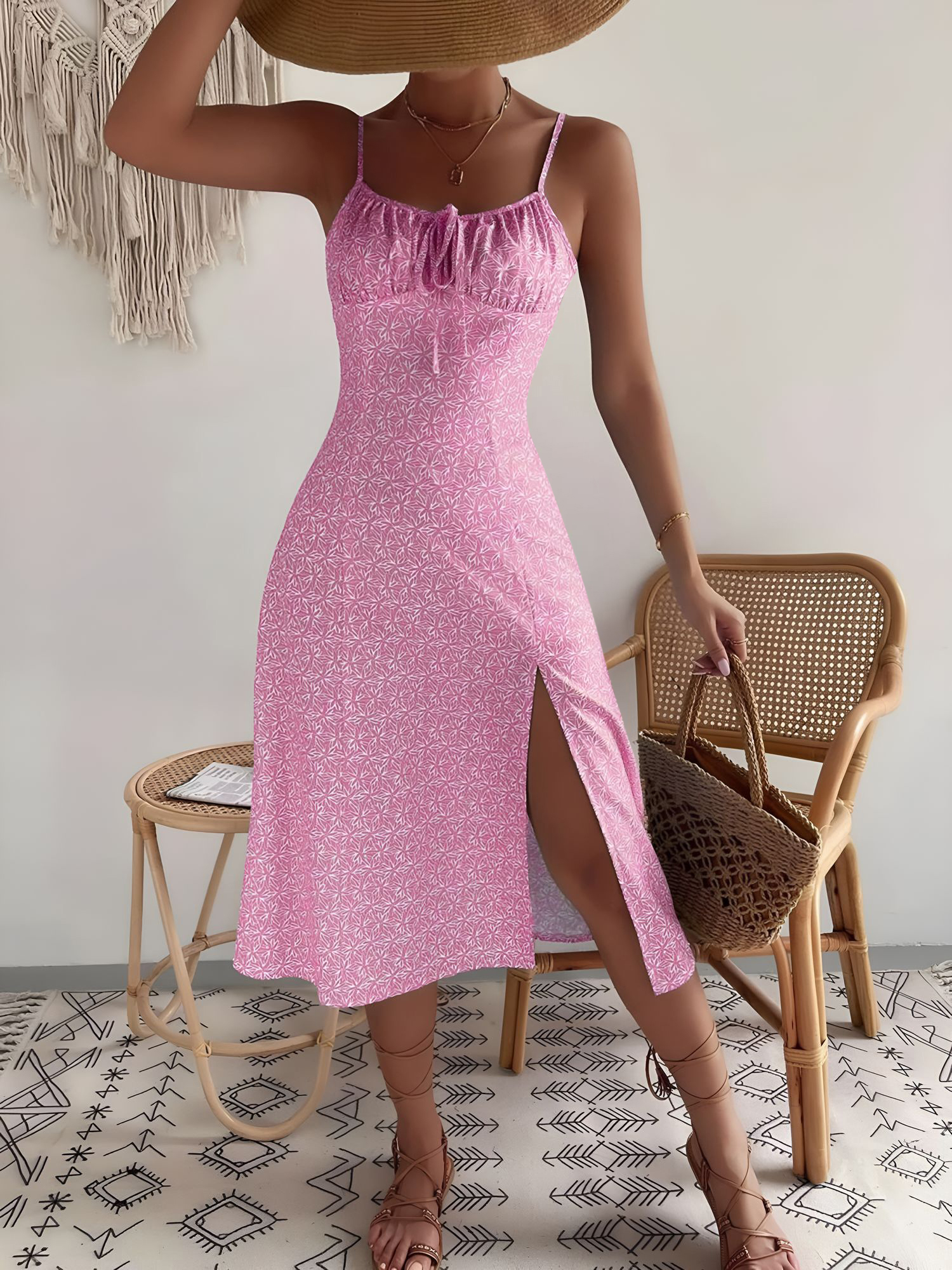 Floral Spaghetti Strap Slit Midi Dress Pink/XL