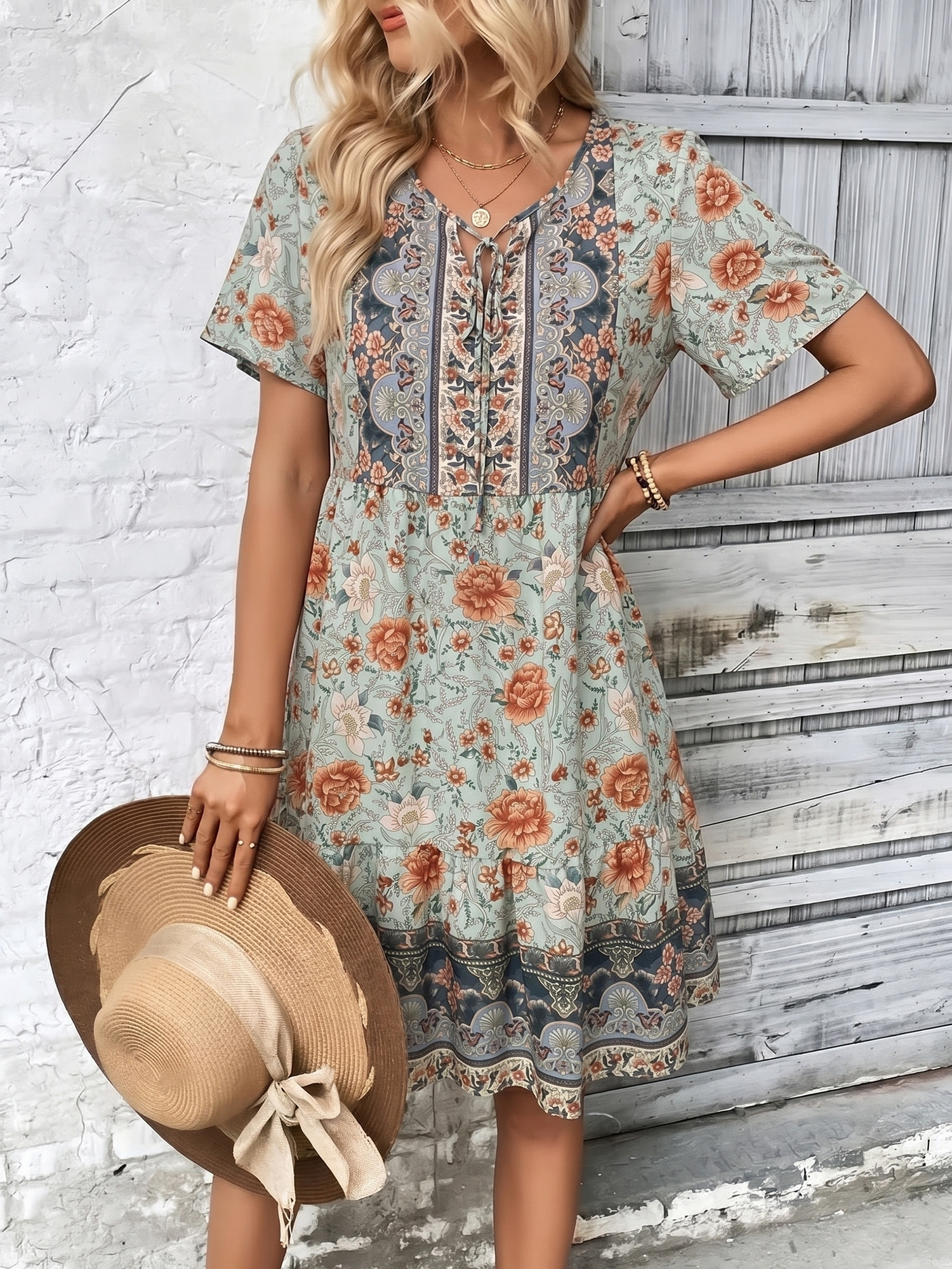 Boho Printed V Neck Loose Fitting Mini Dress Mixed Colors/XS